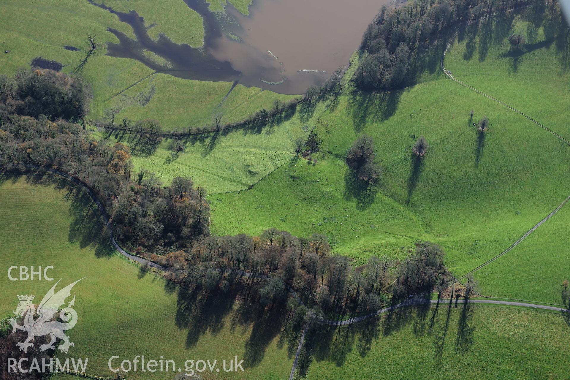 RCAHMW colour oblique photograph of DINEFWR PARK EARTHWORKS OF DESERTED SETTLEMENT. Taken by Toby Driver on 23/11/2012.