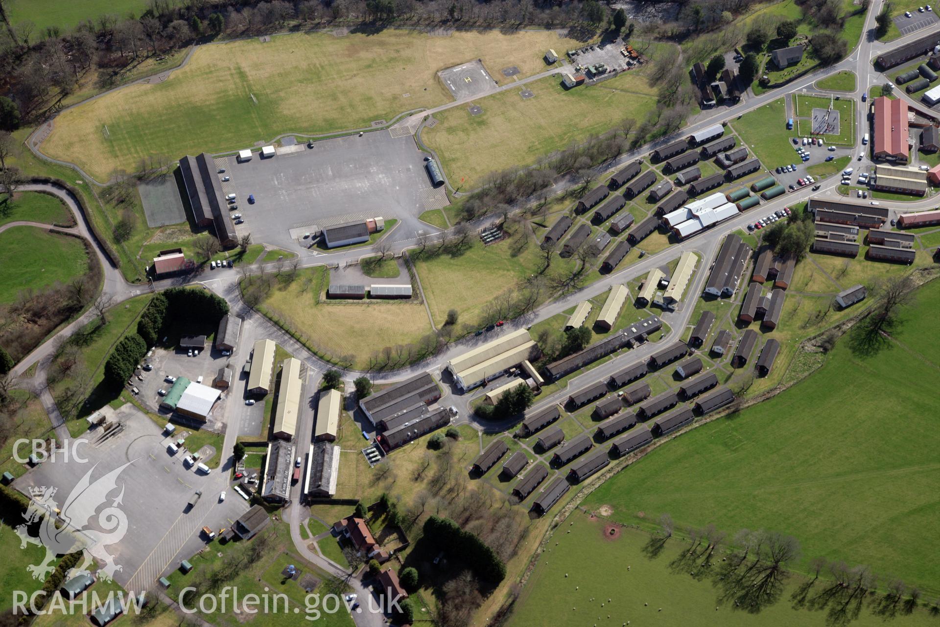 RCAHMW colour oblique photograph of Sennybridge Camp, barracks near Cookhouse. Taken by Toby Driver and Oliver Davies on 28/03/2012.