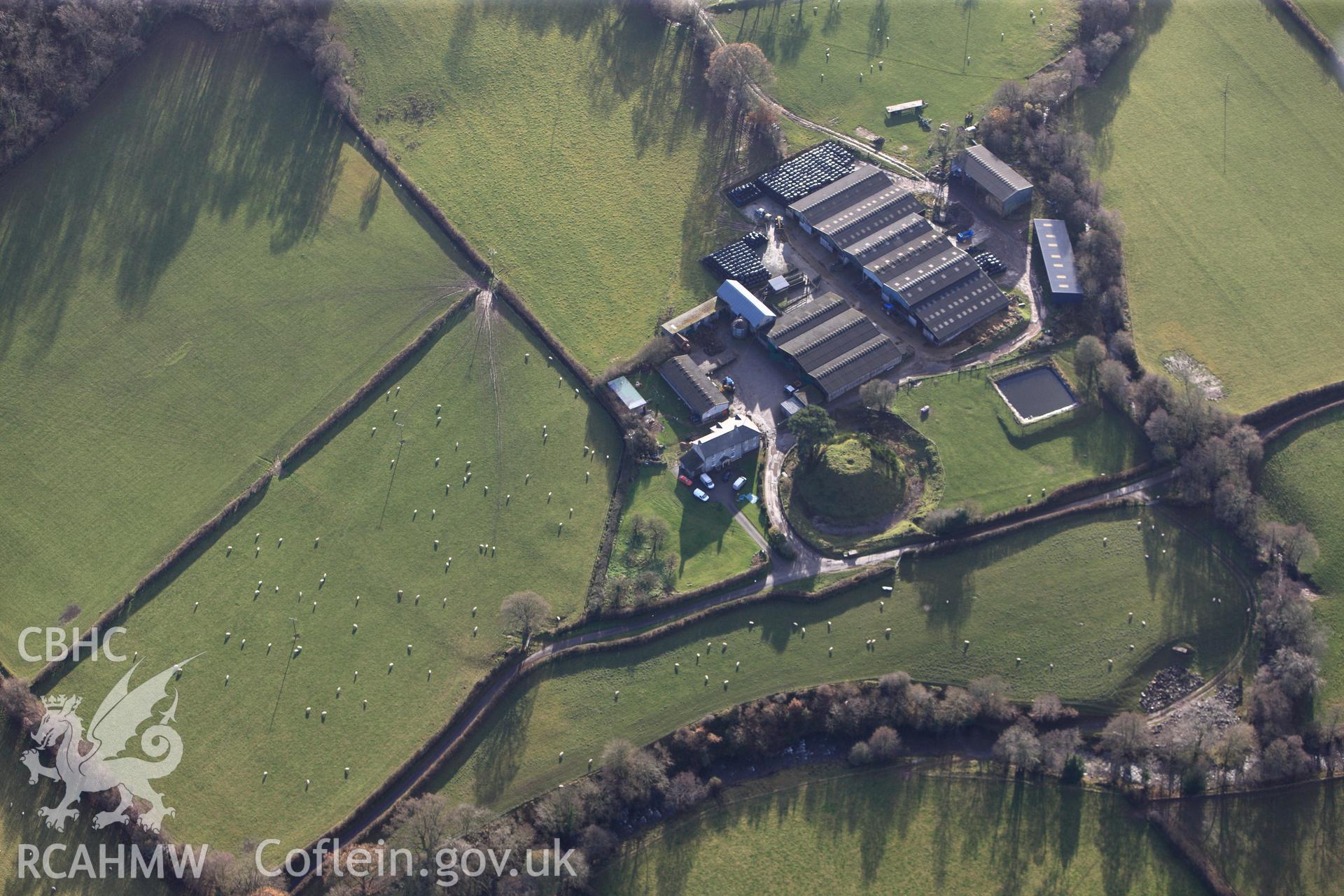 RCAHMW colour oblique photograph of Cilwhybert Castle Mound, and earthworks. Taken by Toby Driver on 23/11/2012.