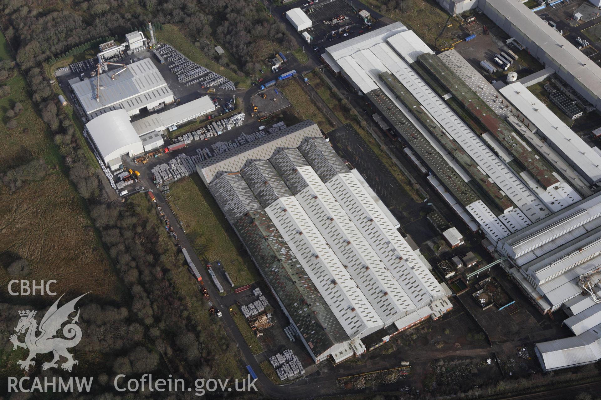 RCAHMW colour oblique photograph of ICI Metal Works (Alcoa Factory), Waunarlwydd, Gowerton. Taken by Toby Driver on 27/01/2012.