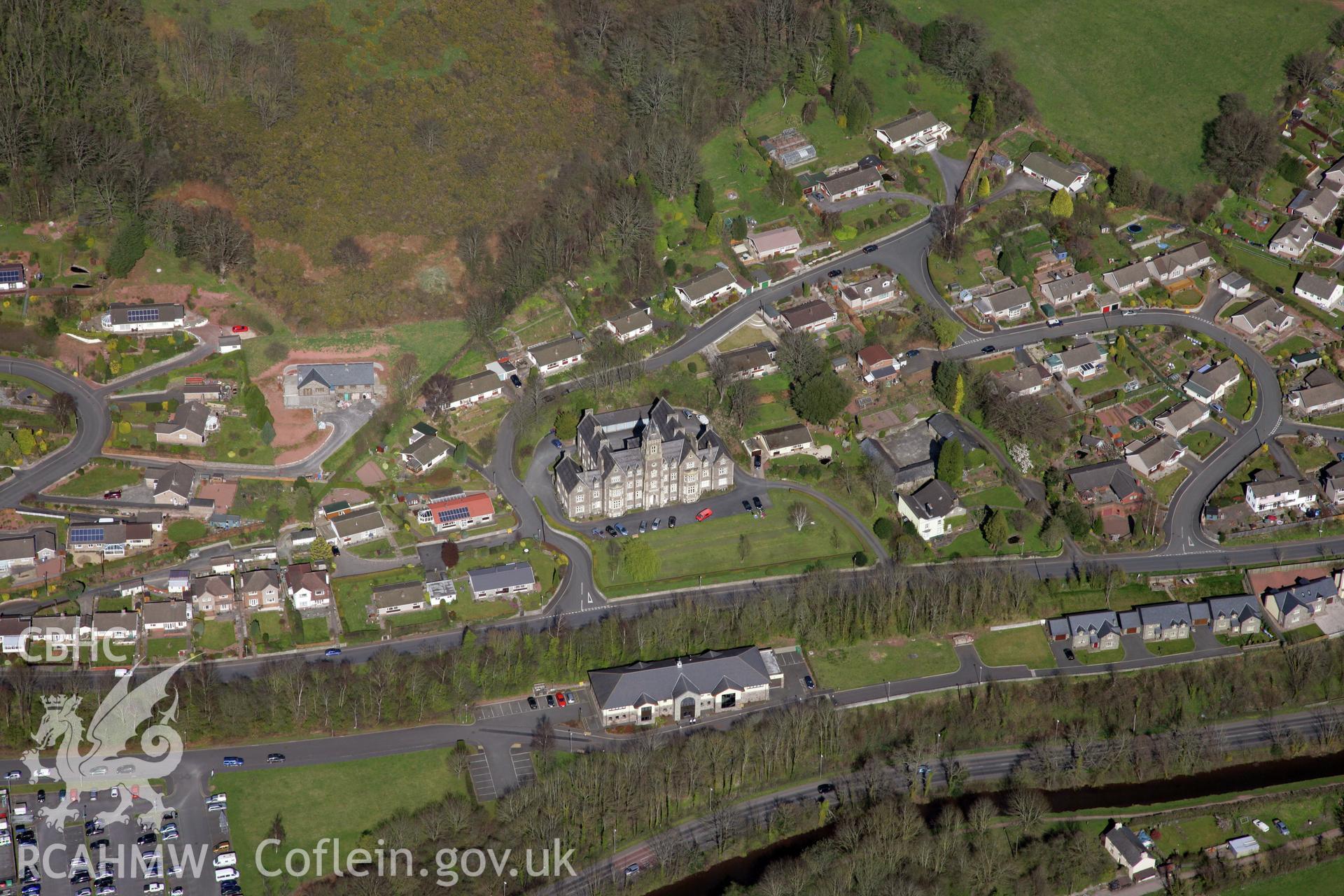 RCAHMW colour oblique photograph of Congregational Memorial College, Brecon. Taken by Toby Driver and Oliver Davies on 28/03/2012.