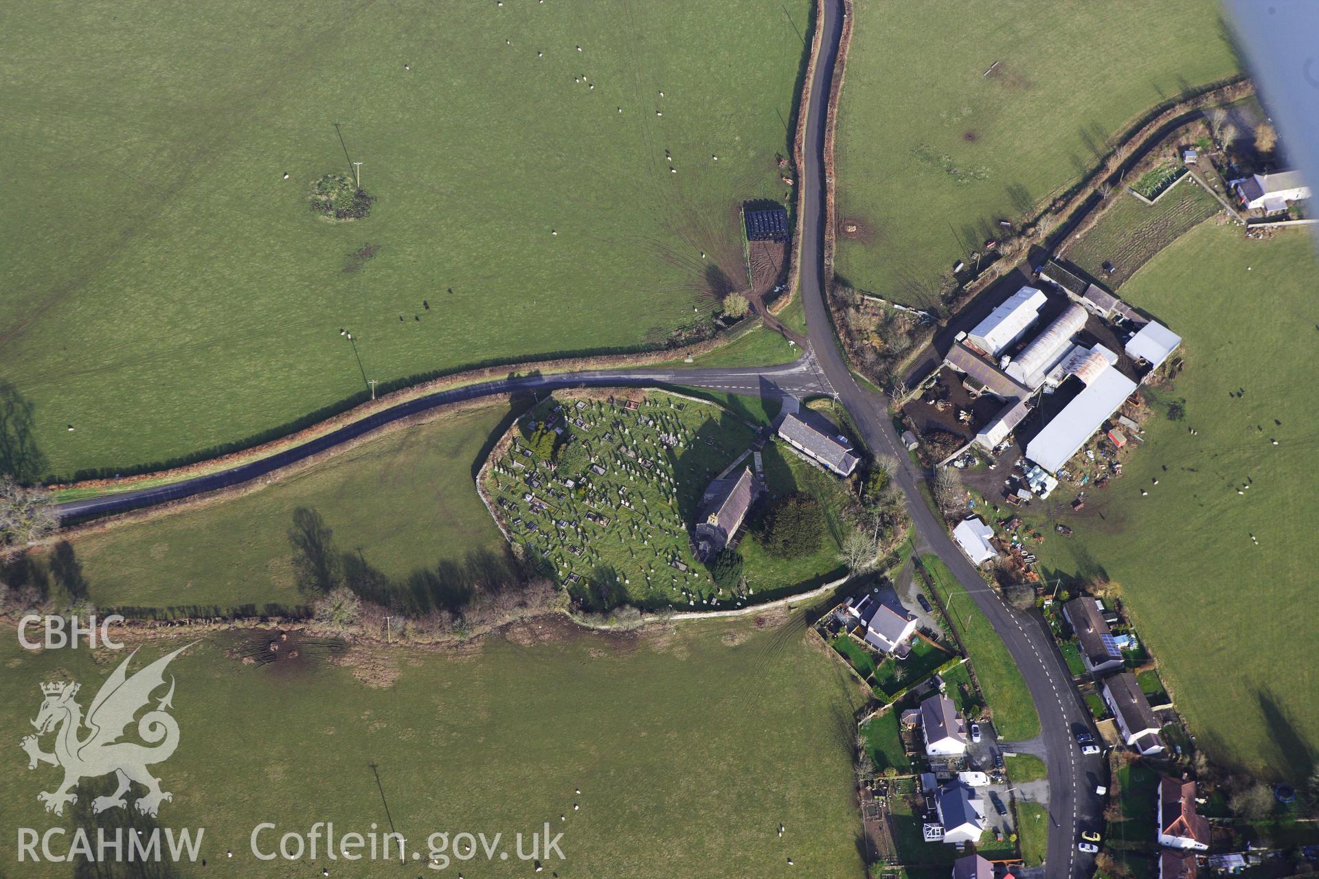 RCAHMW colour oblique photograph of St Mary's Church, Llanfair Clydogau. Taken by Toby Driver on 07/02/2012.