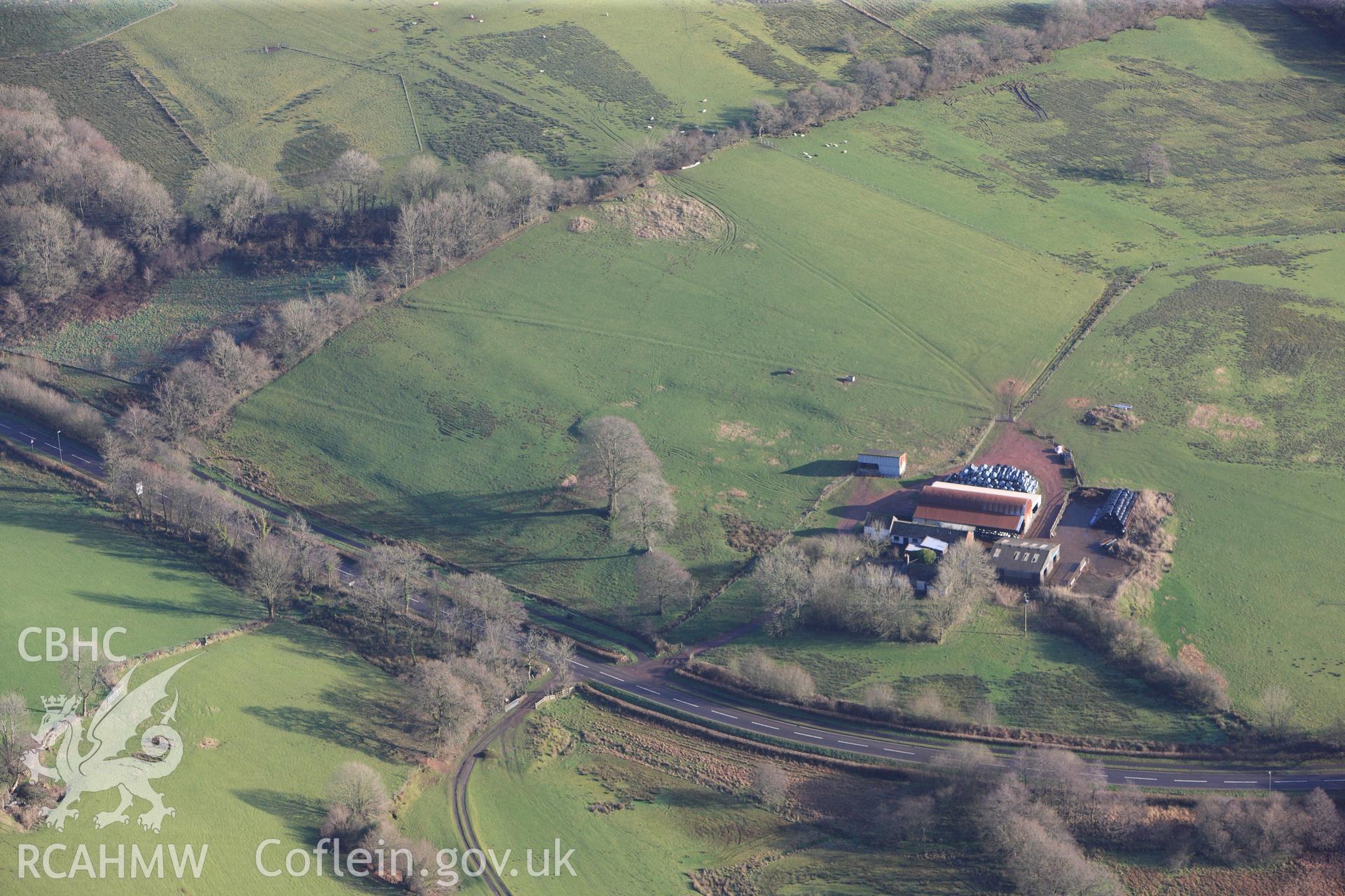 RCAHMW colour oblique photograph of Gorswen, earthworks of deserted farmstead. Taken by Toby Driver on 27/01/2012.