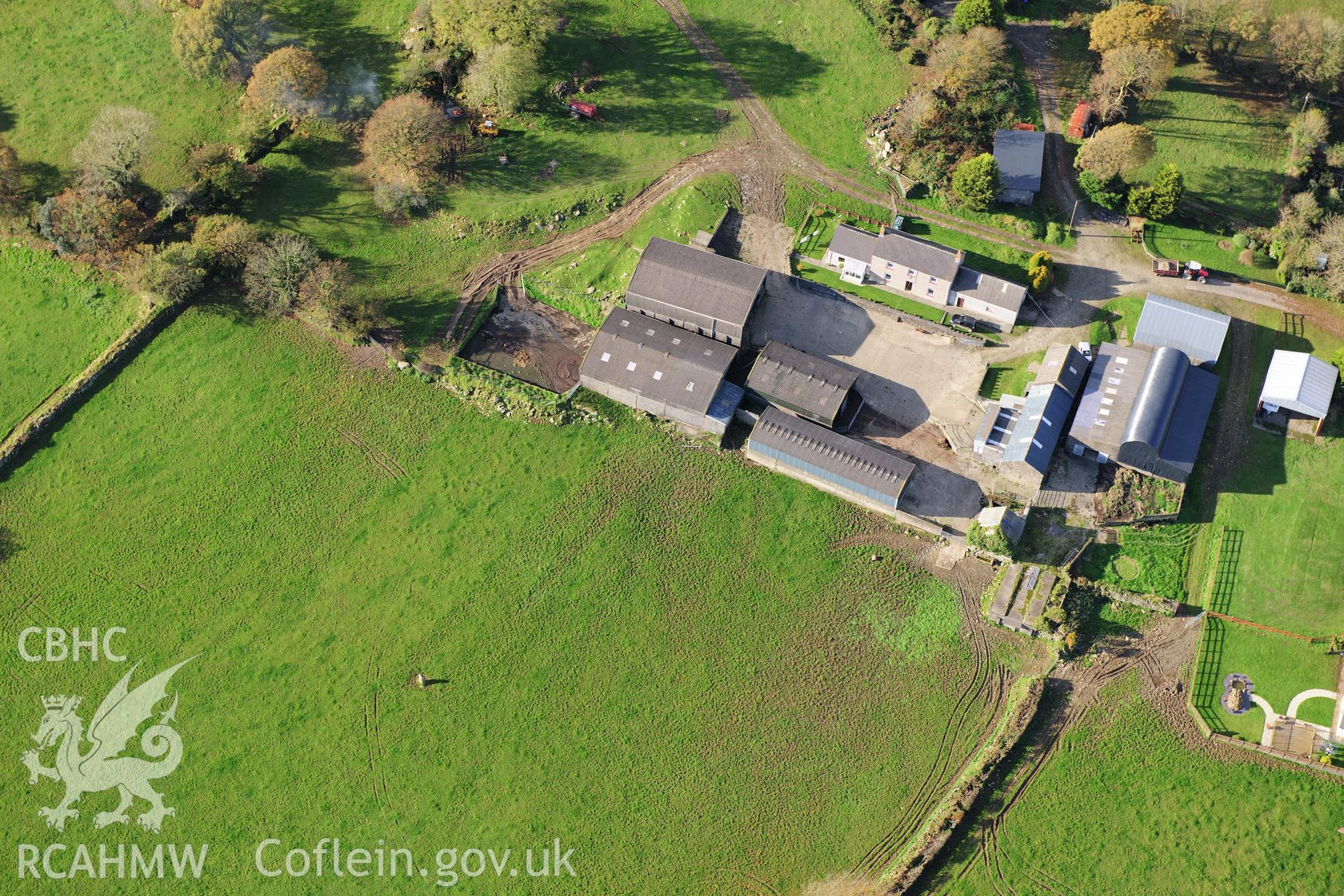 RCAHMW colour oblique photograph of Standing Stone of Prisg Farm. Taken by Toby Driver on 26/10/2012.