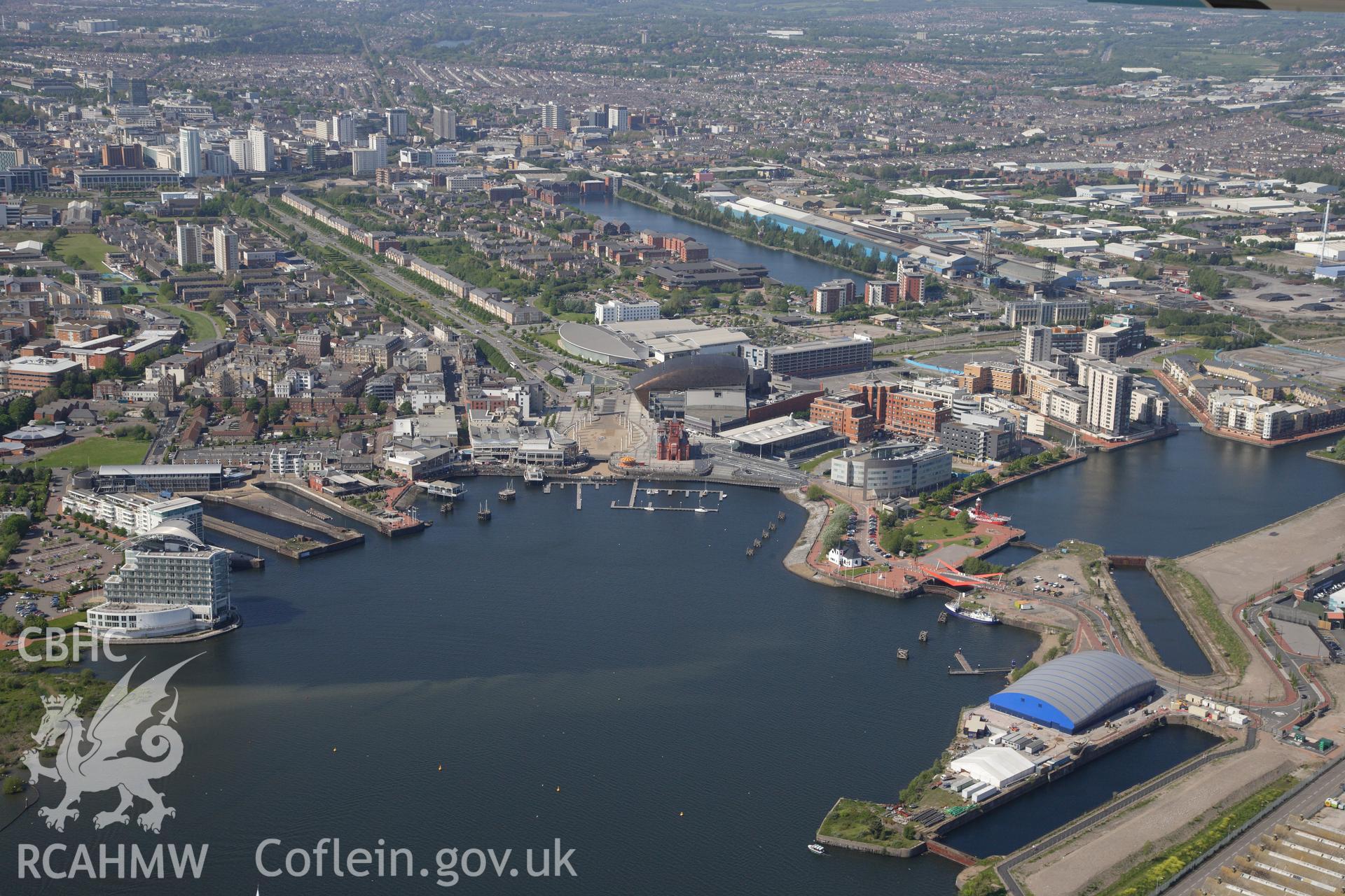 RCAHMW colour oblique photograph of Cardiff Bay, looking towards Mermaid Quay and Atlantic Wharf. Taken by Toby Driver on 22/05/2012.