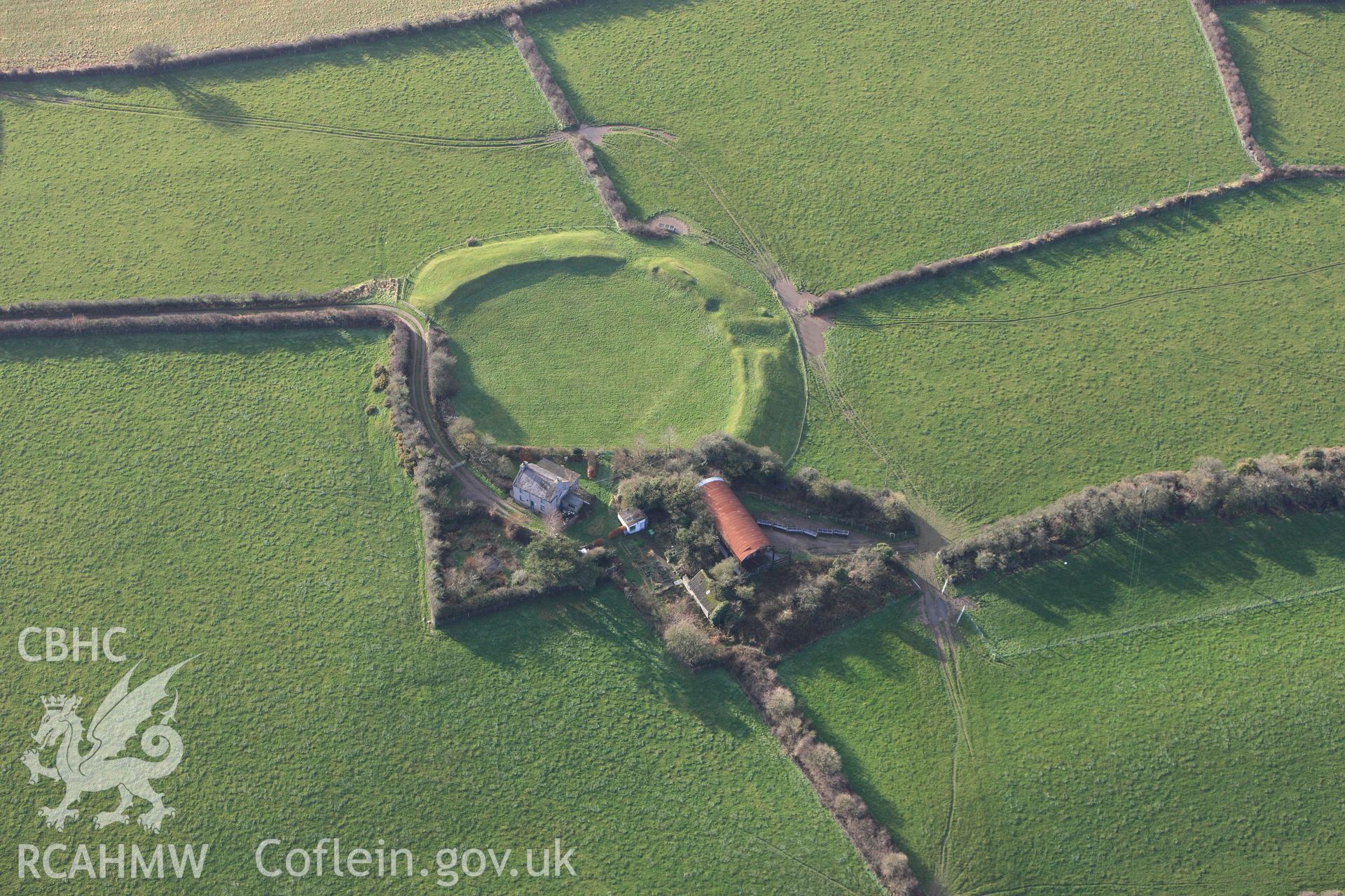 RCAHMW colour oblique photograph of Castell Bryn gwyn, in low winter light. Taken by Toby Driver on 13/01/2012.