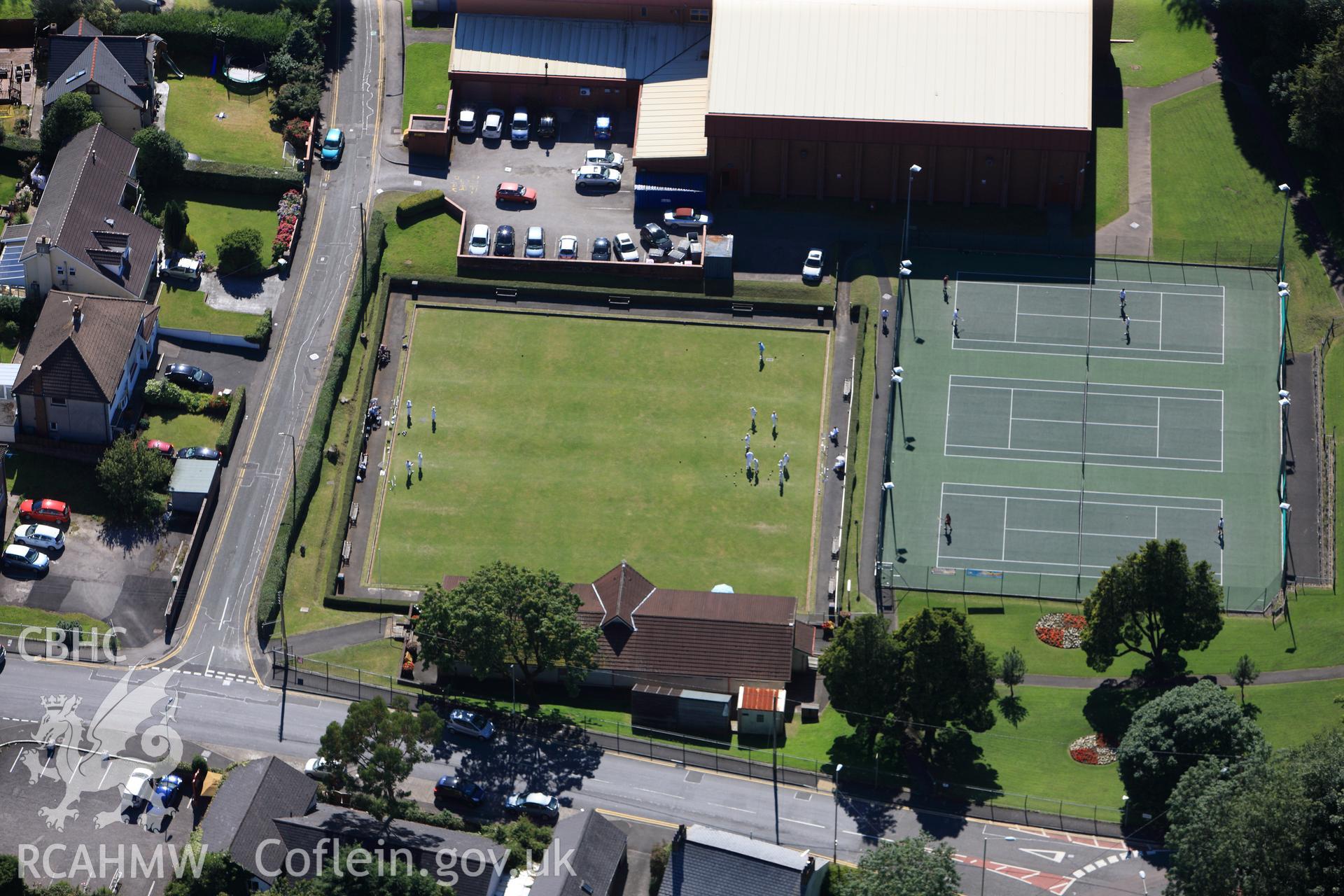 RCAHMW colour oblique photograph of Llantrisant, bowls match in progress, Tir Meibion Lane. Taken by Toby Driver on 24/07/2012.