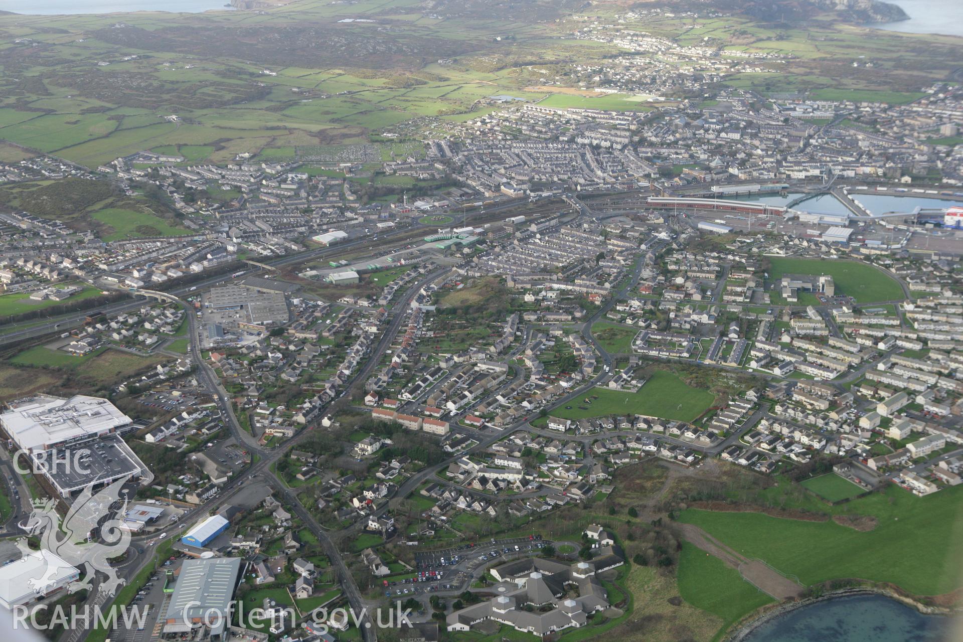 RCAHMW colour oblique photograph of Holyhead, town, view from south-east. Taken by Toby Driver on 13/01/2012.