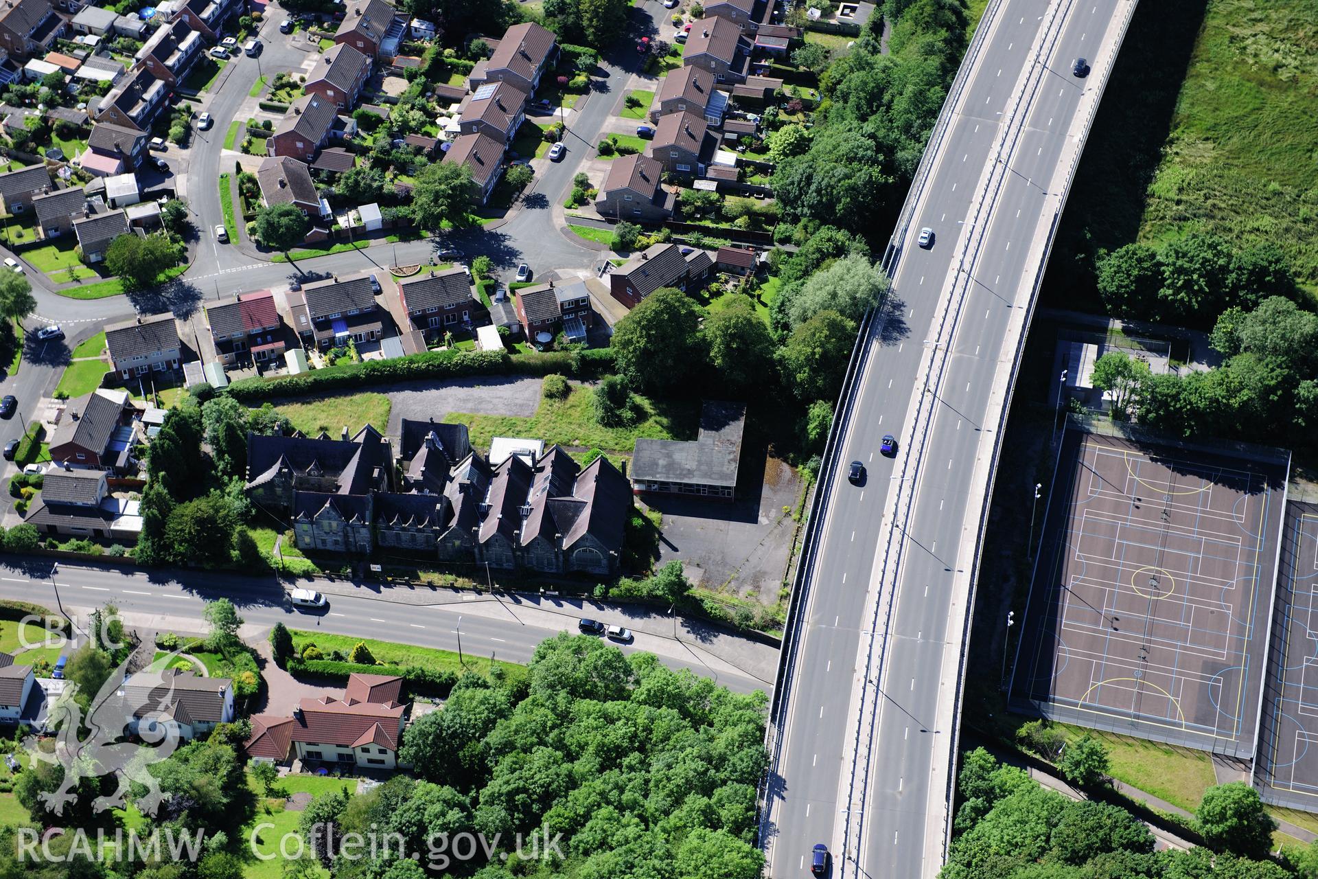 RCAHMW colour oblique photograph of Cowbridge, old school buildings. Taken by Toby Driver on 24/07/2012.