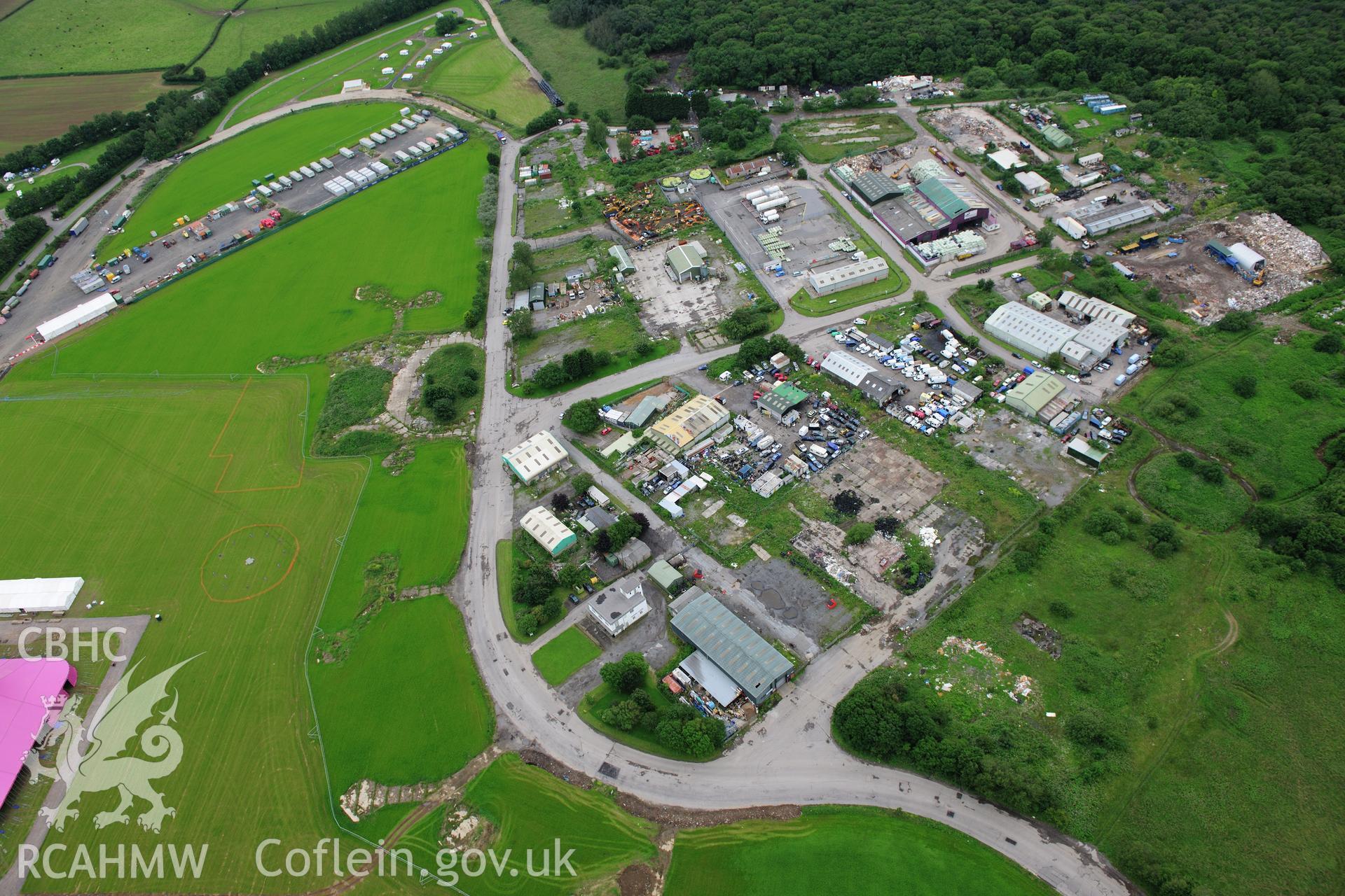 RCAHMW colour oblique photograph of Llandow Airfield 2012 National Eisteddfod. Taken by Toby Driver on 05/07/2012.