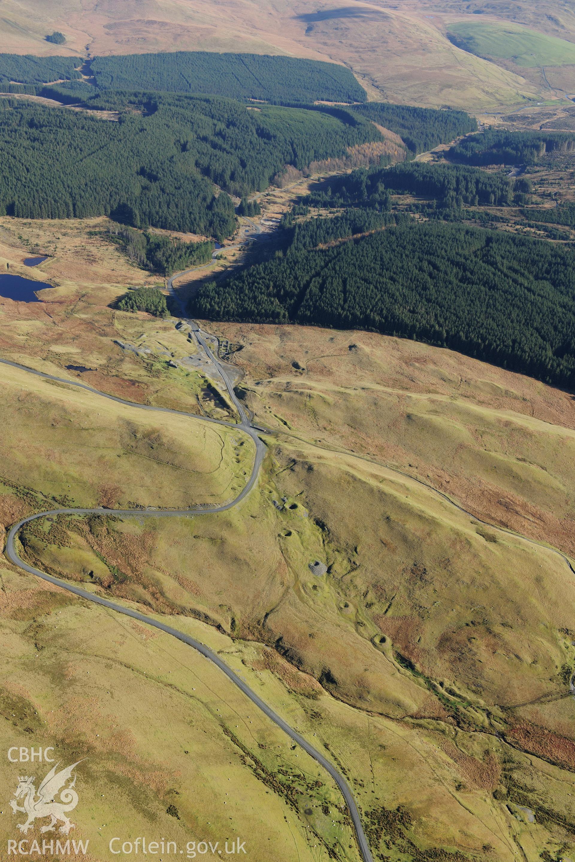 RCAHMW colour oblique photograph of Esgair Hir Lead Mine, view from west. Taken by Toby Driver on 05/11/2012.