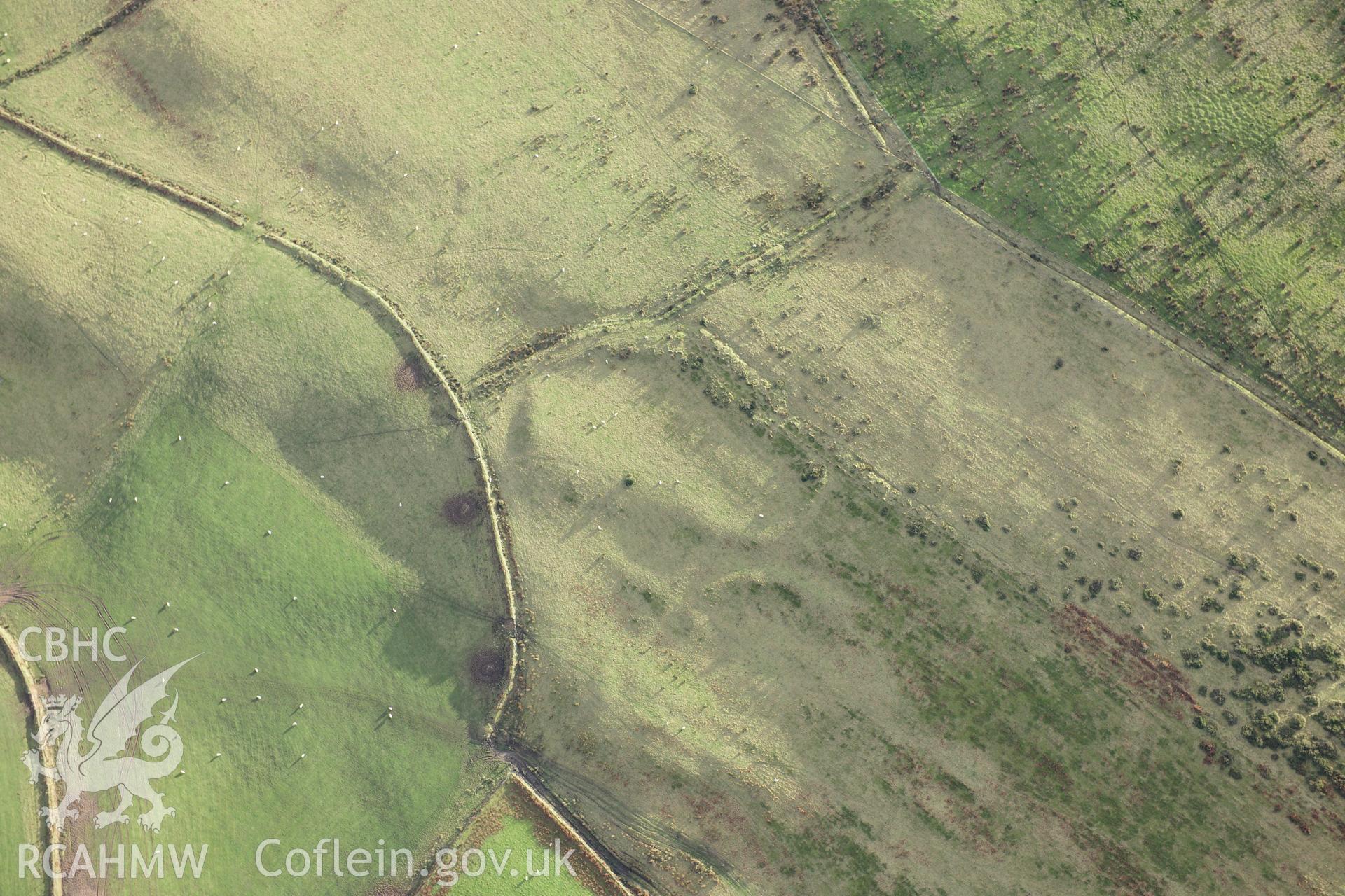 RCAHMW colour oblique photograph of Foel Fynyddau, deserted rural settlement west of scheduled remains. Taken by Toby Driver on 28/11/2012.