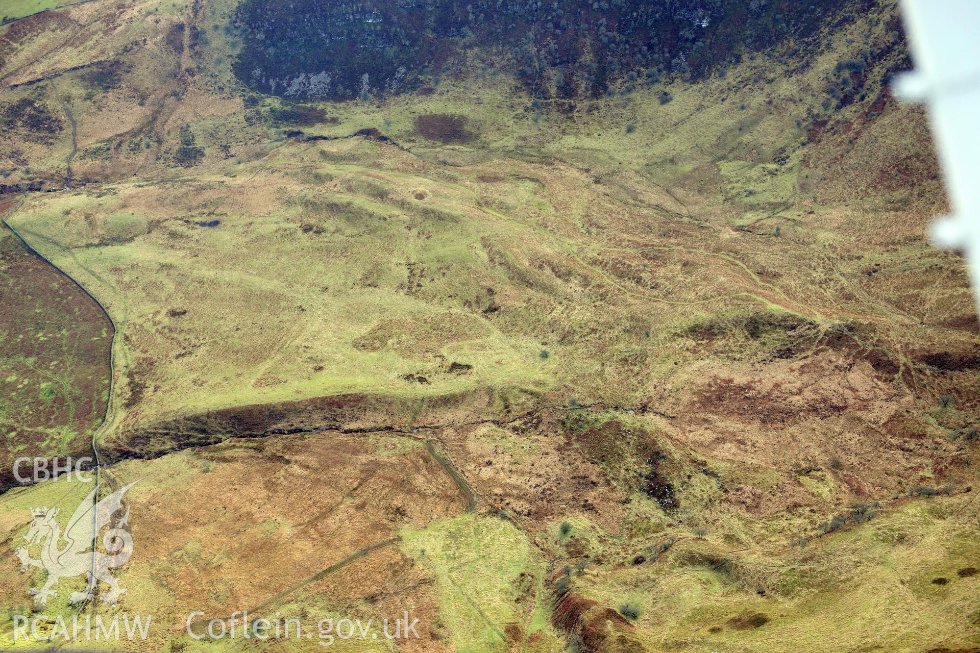 RCAHMW colour oblique photograph of Craig Cerrig Gleisad settlement and field system. Taken by Toby Driver on 28/11/2012.