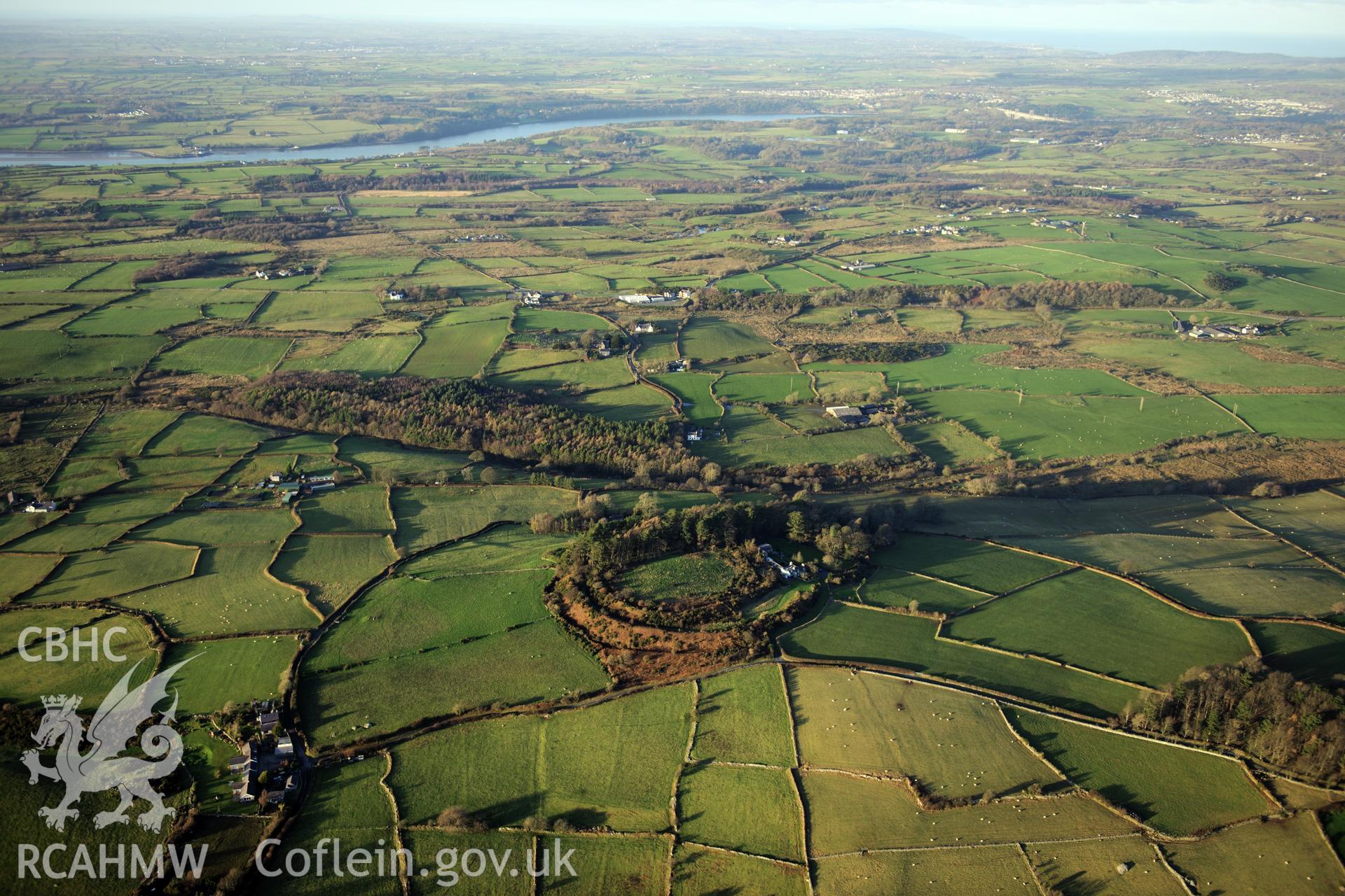 RCAHMW colour oblique photograph of Dinas Dinorwig Hillfort, wide winter landscape looking north-west. Taken by Toby Driver on 10/12/2012.