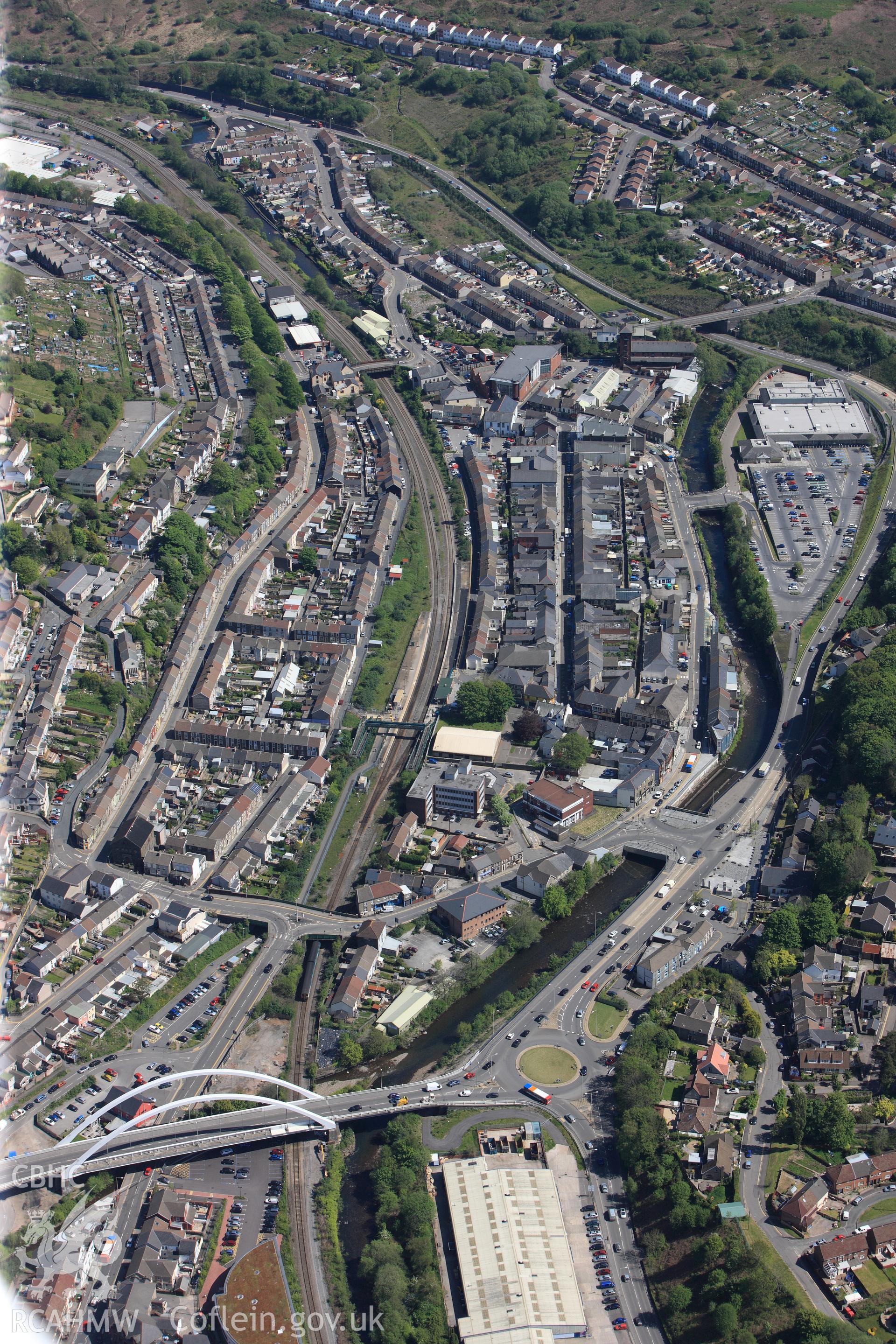 RCAHMW colour oblique photograph of Porth townscape, looking south-east. Taken by Toby Driver on 22/05/2012.