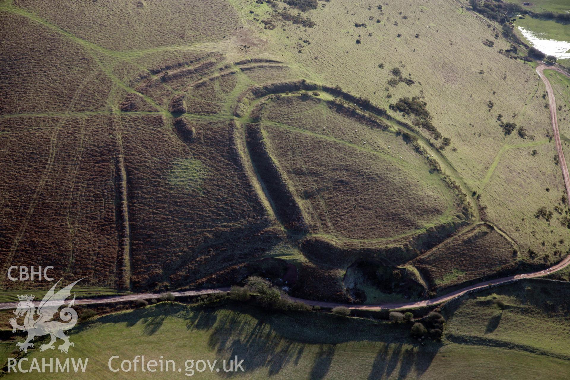 RCAHMW colour oblique photograph of Hardings Down, West Fort. Taken by Toby Driver on 02/02/2012.