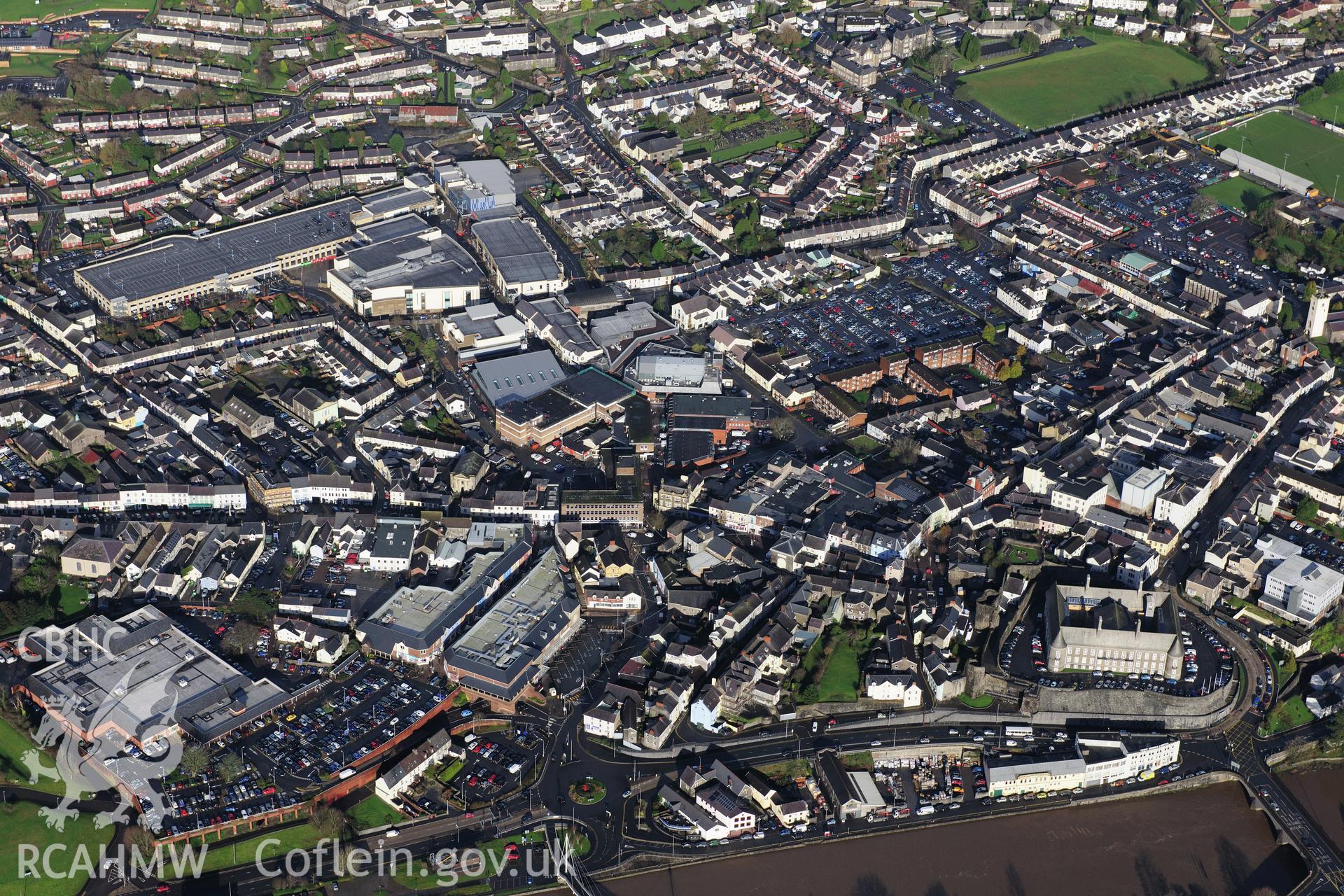 RCAHMW colour oblique photograph of Carmarthen townscape, and castle, view from south. Taken by Toby Driver on 23/11/2012.