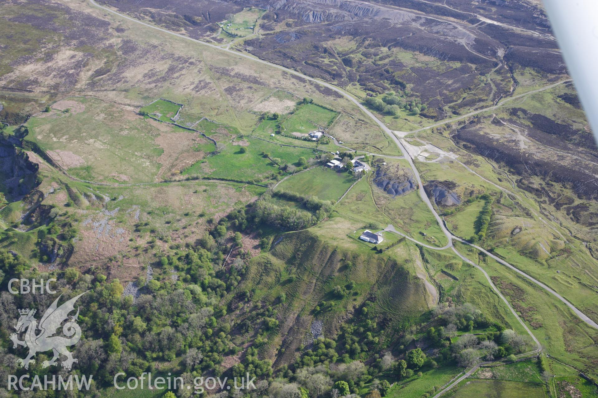 RCAHMW colour oblique photograph of Pwll Du, showing Hills Tramroad and Pwll Du Tunnel north entrance. Taken by Toby Driver on 22/05/2012.