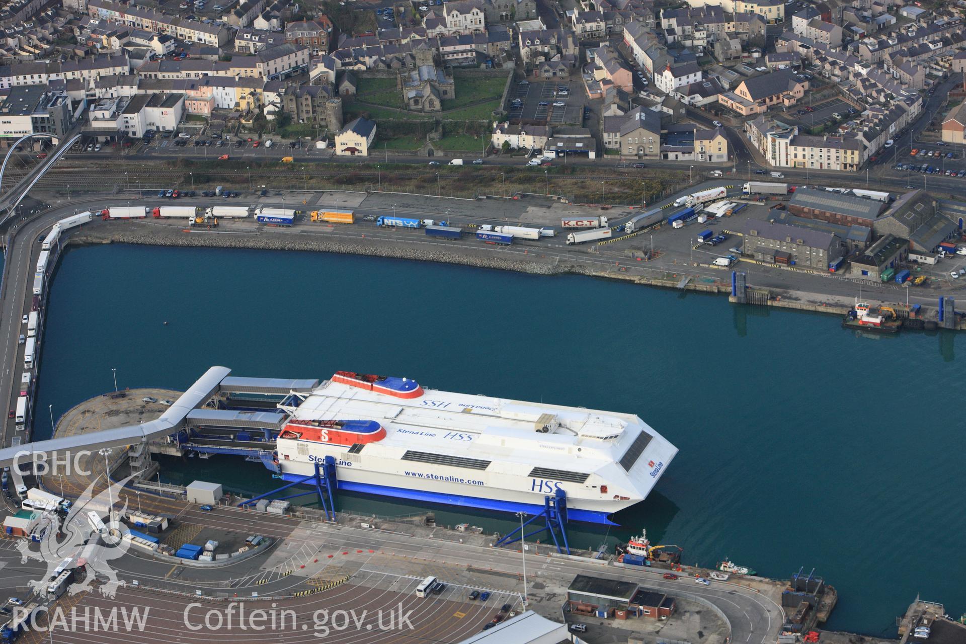 RCAHMW colour oblique photograph of Holyhead Harbour Ferry Terminal. Taken by Toby Driver on 13/01/2012.