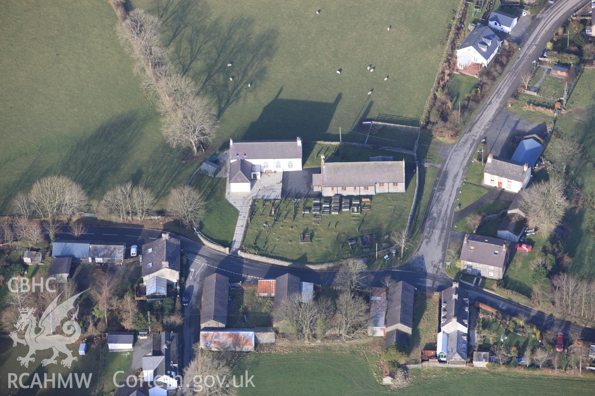 RCAHMW colour oblique photograph of St John the Baptist Church, Ystrad Meurig. Taken by Toby Driver on 07/02/2012.