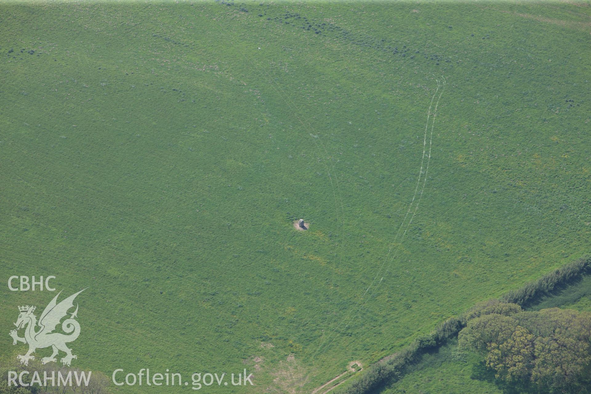 RCAHMW colour oblique photograph of Close view of Meini Hirion standing stone, looking south east. Taken by Toby Driver on 24/05/2012.