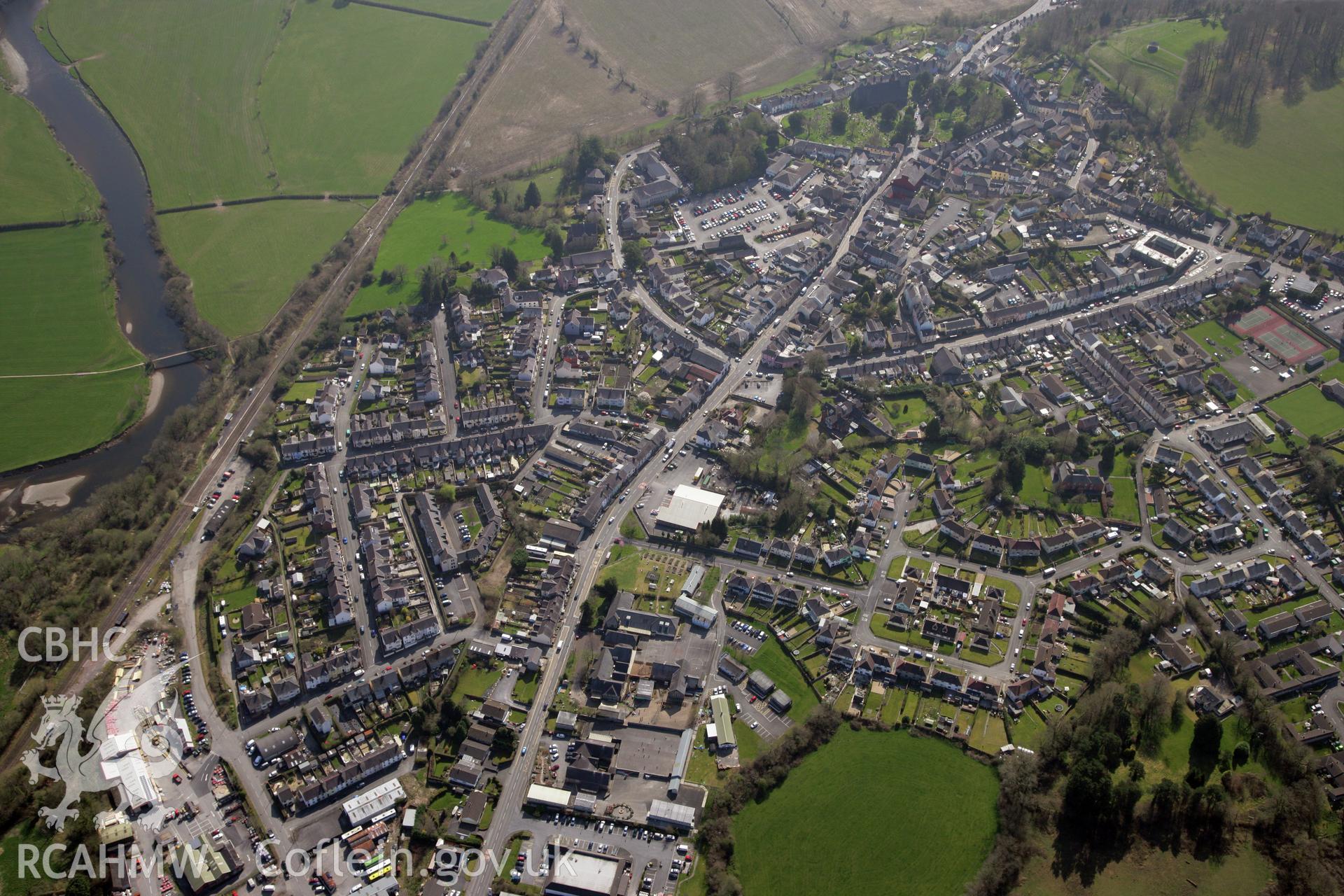 RCAHMW colour oblique photograph of Llandeilo, town centre from the north-east. Taken by Toby Driver and Oliver Davies on 28/03/2012.