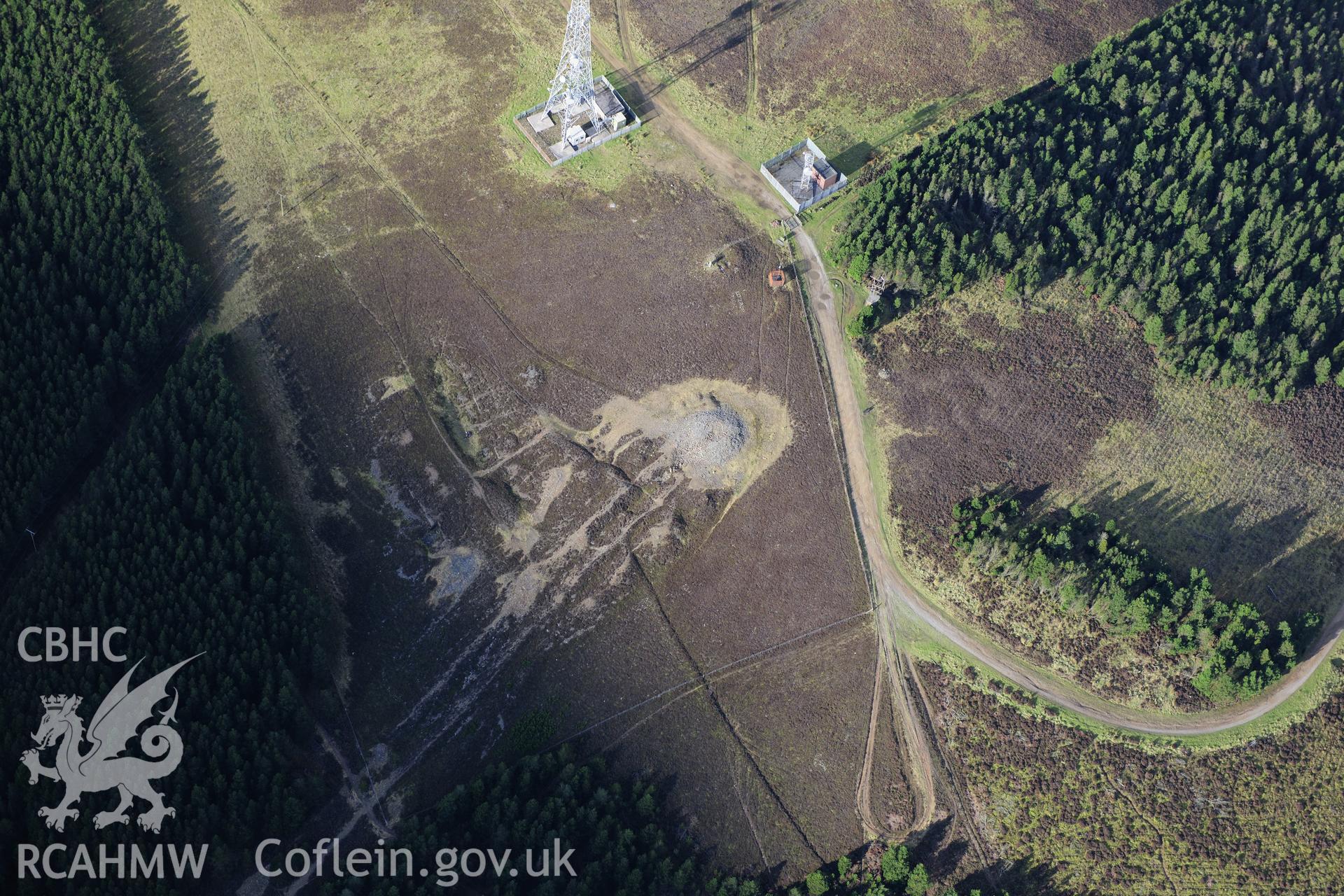 RCAHMW colour oblique photograph of Foel Fynyddau cairn, and Cwmafan Copper Works flue. Taken by Toby Driver on 28/11/2012.