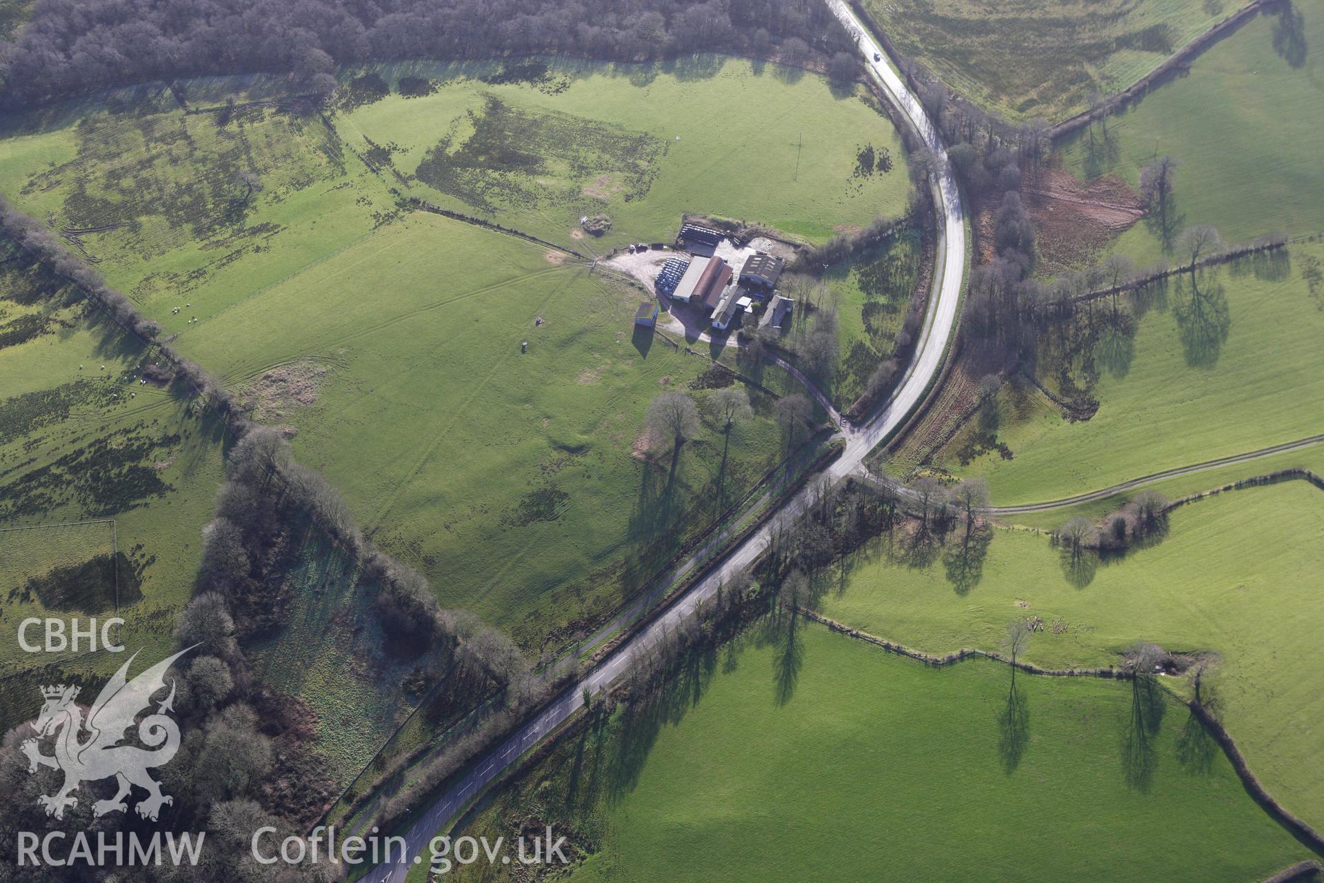 RCAHMW colour oblique photograph of Gorswen, earthworks of deserted farmstead. Taken by Toby Driver on 27/01/2012.