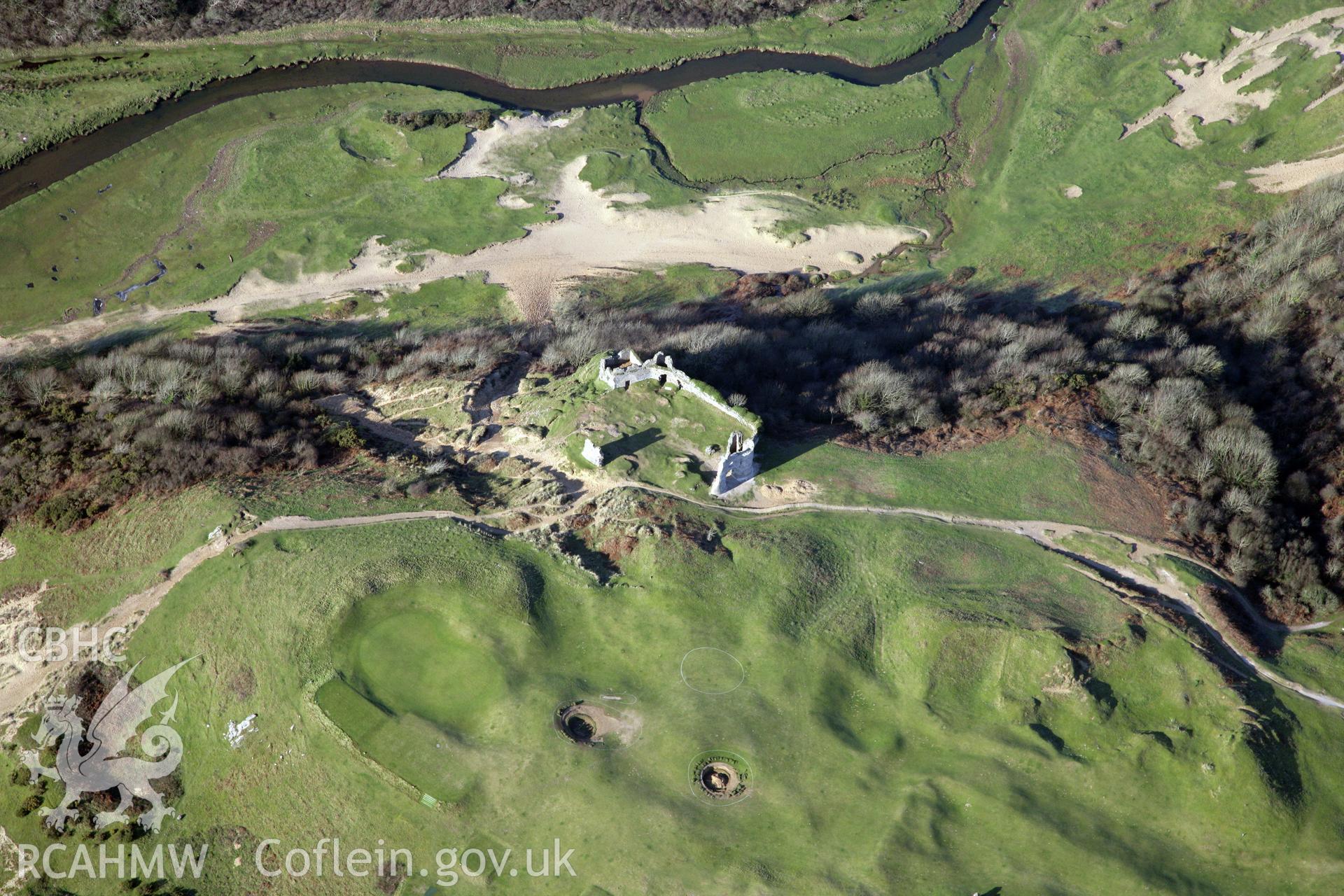 RCAHMW colour oblique photograph of Pennard deserted settlement and Pennard castle and church. Taken by Toby Driver on 02/02/2012.