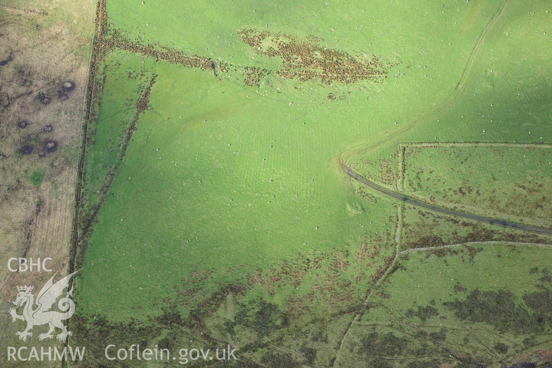 RCAHMW colour oblique photograph of Mynydd March Hywel east, platform house. Taken by Toby Driver on 28/11/2012.