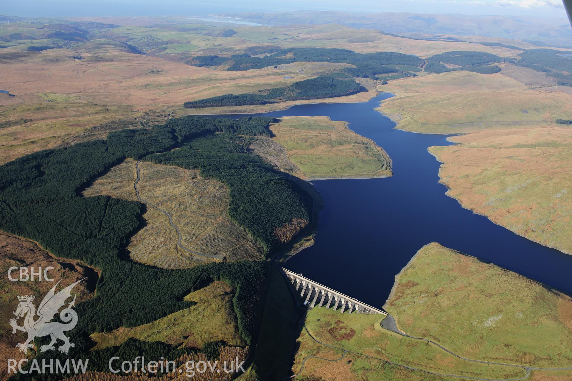 RCAHMW colour oblique photograph of Nant y Moch Reservoir, dam. Taken by Toby Driver on 05/11/2012.