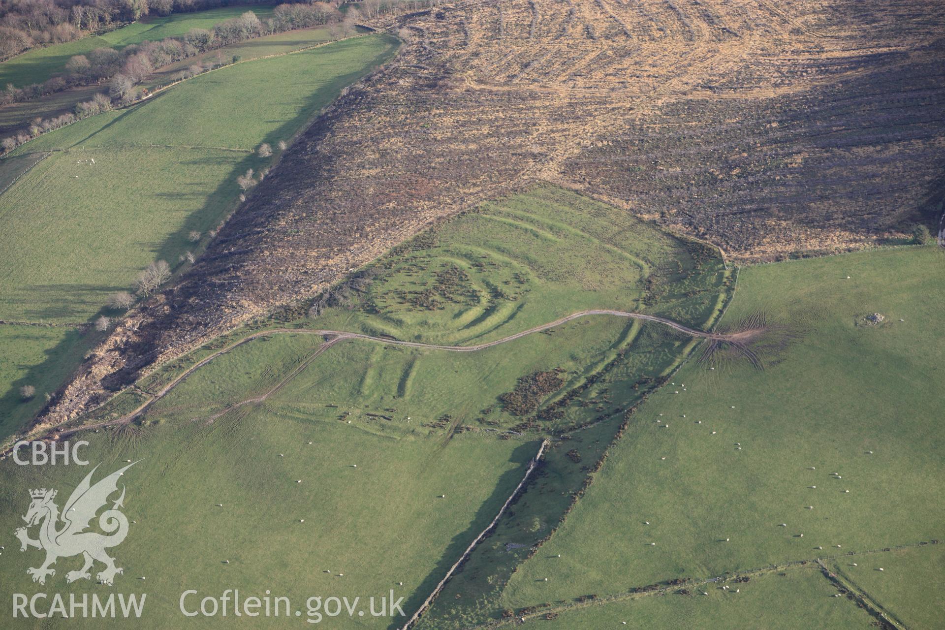 RCAHMW colour oblique photograph of Gaer Fawr, with clearance of forestry block. Taken by Toby Driver on 28/11/2012.