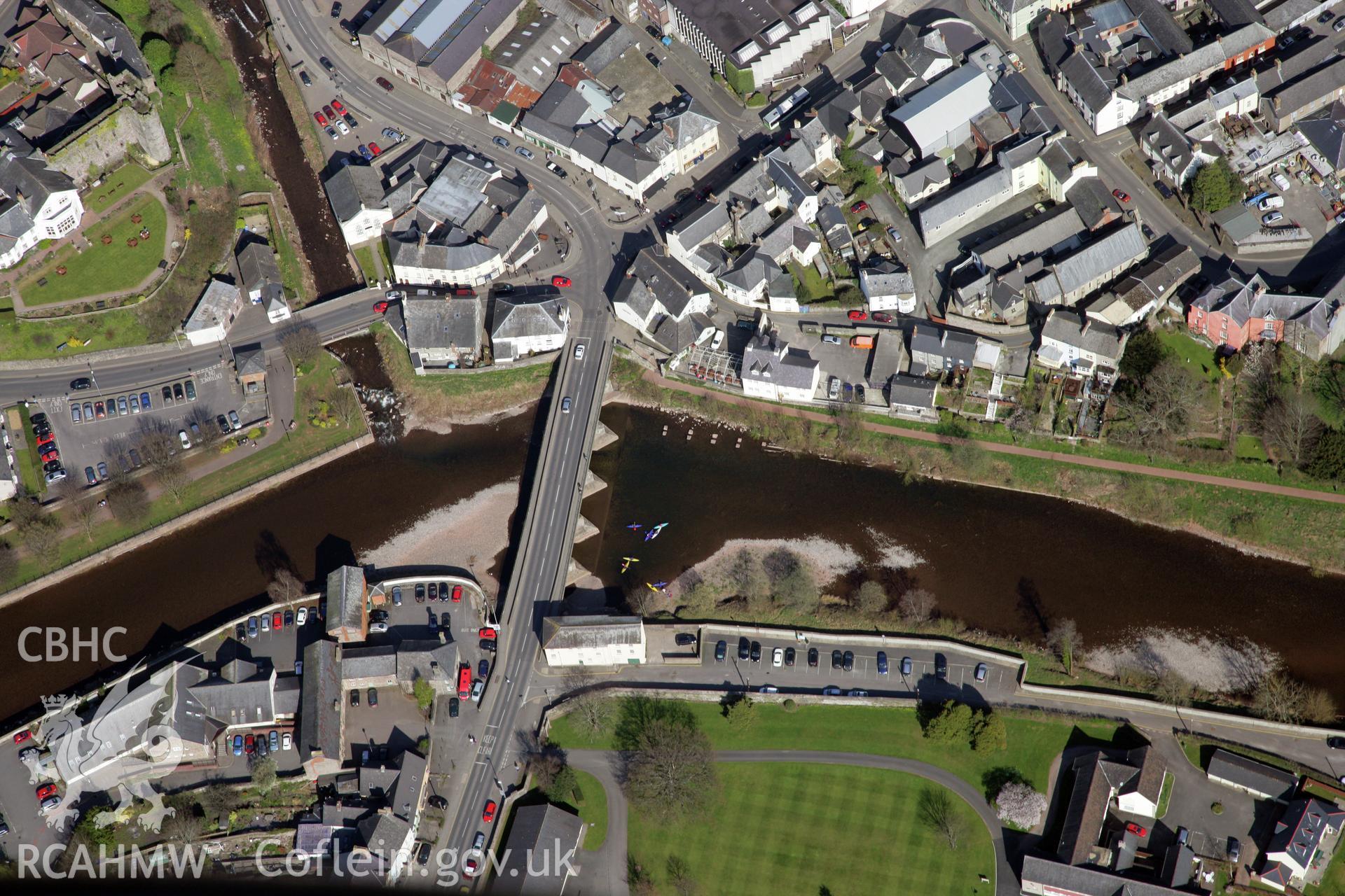 RCAHMW colour oblique photograph of Brecon Bridge, Usk Road Bridge. Taken by Toby Driver and Oliver Davies on 28/03/2012.