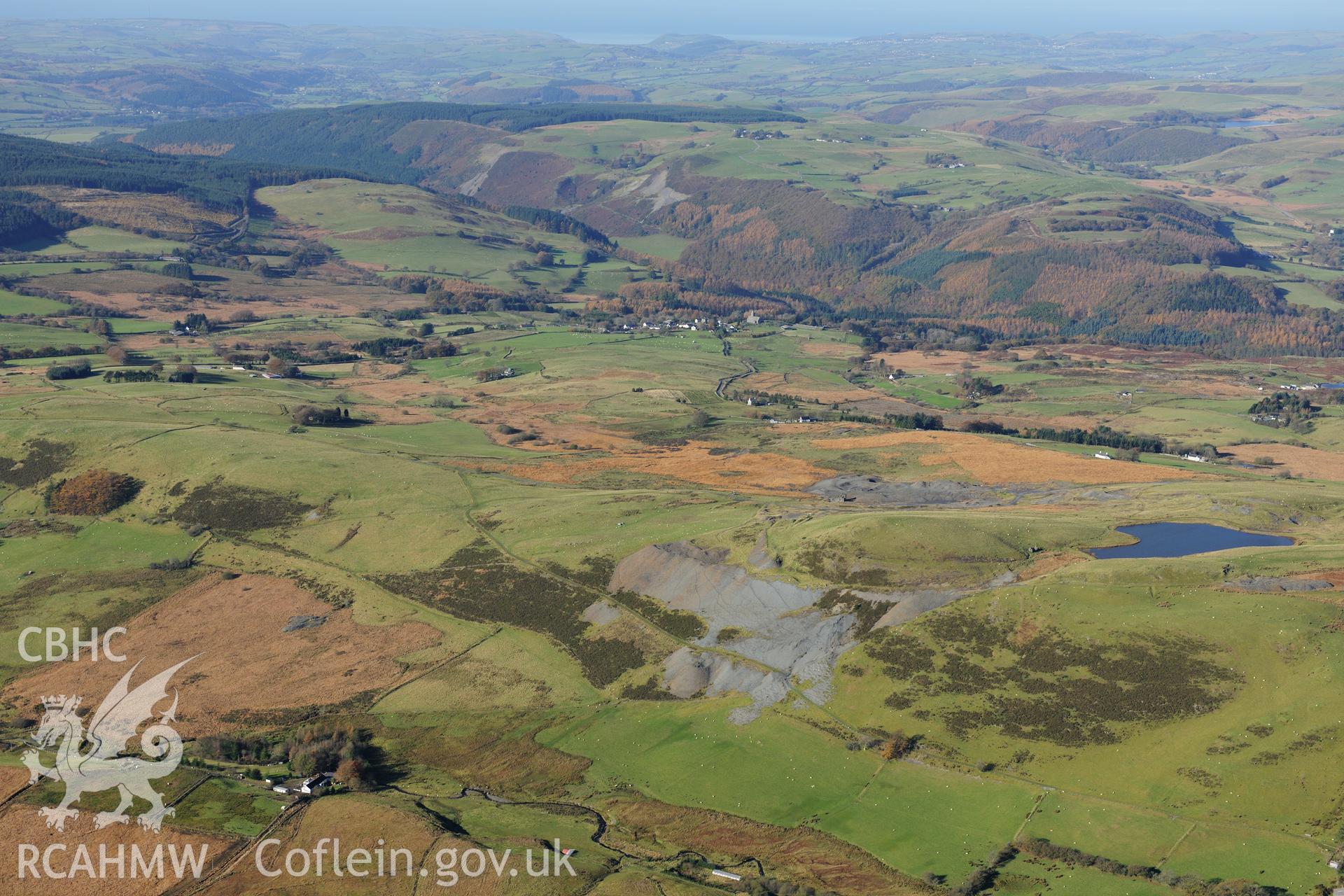 RCAHMW colour oblique photograph of Glogfawr lead mine, landscape from south-east. Taken by Toby Driver on 05/11/2012.