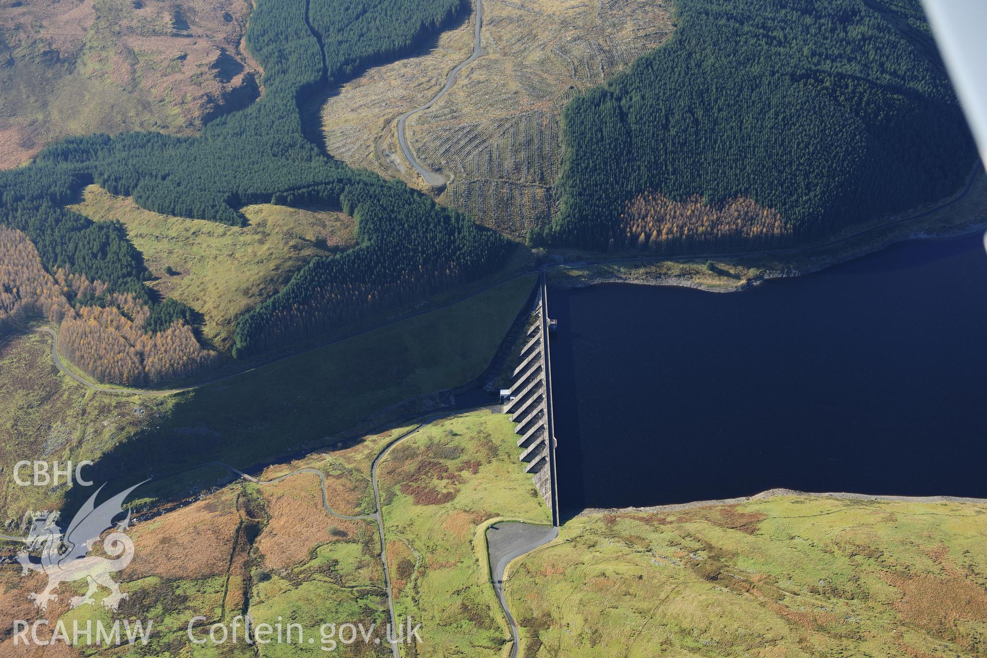 RCAHMW colour oblique photograph of Nant y Moch Reservoir, dam. Taken by Toby Driver on 05/11/2012.