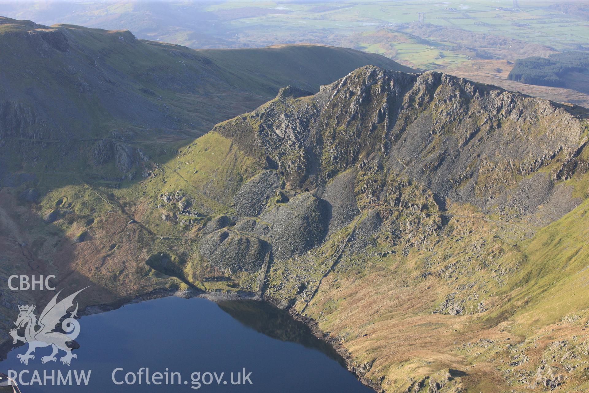 RCAHMW colour oblique photograph of Moelwyn Mawr slate quarry. Taken by Toby Driver on 13/01/2012.