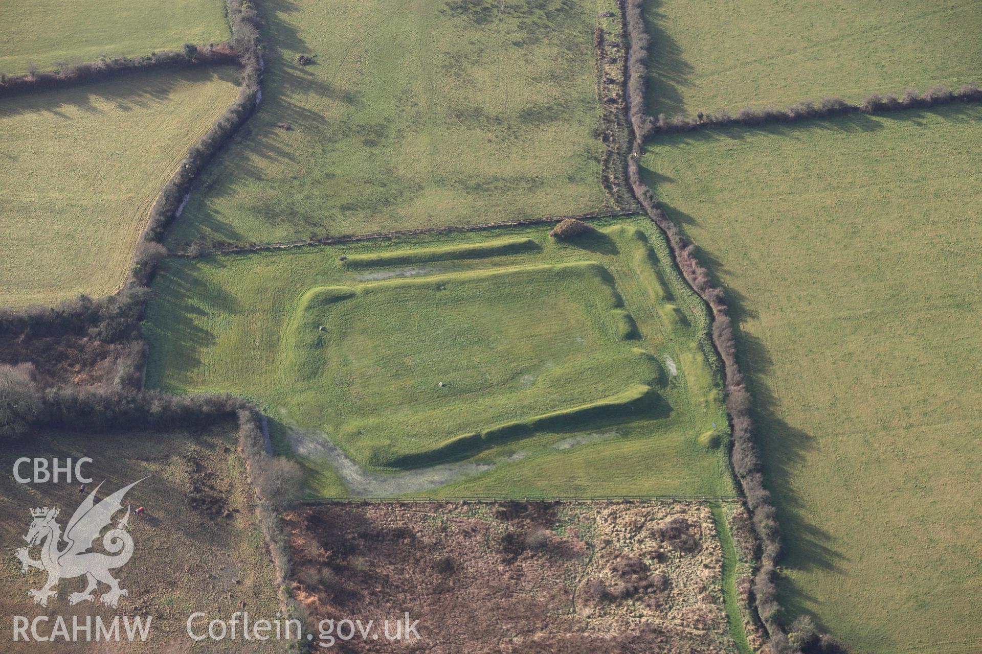 RCAHMW colour oblique photograph of Caer Leb earthwork, in low light. Taken by Toby Driver on 13/01/2012.