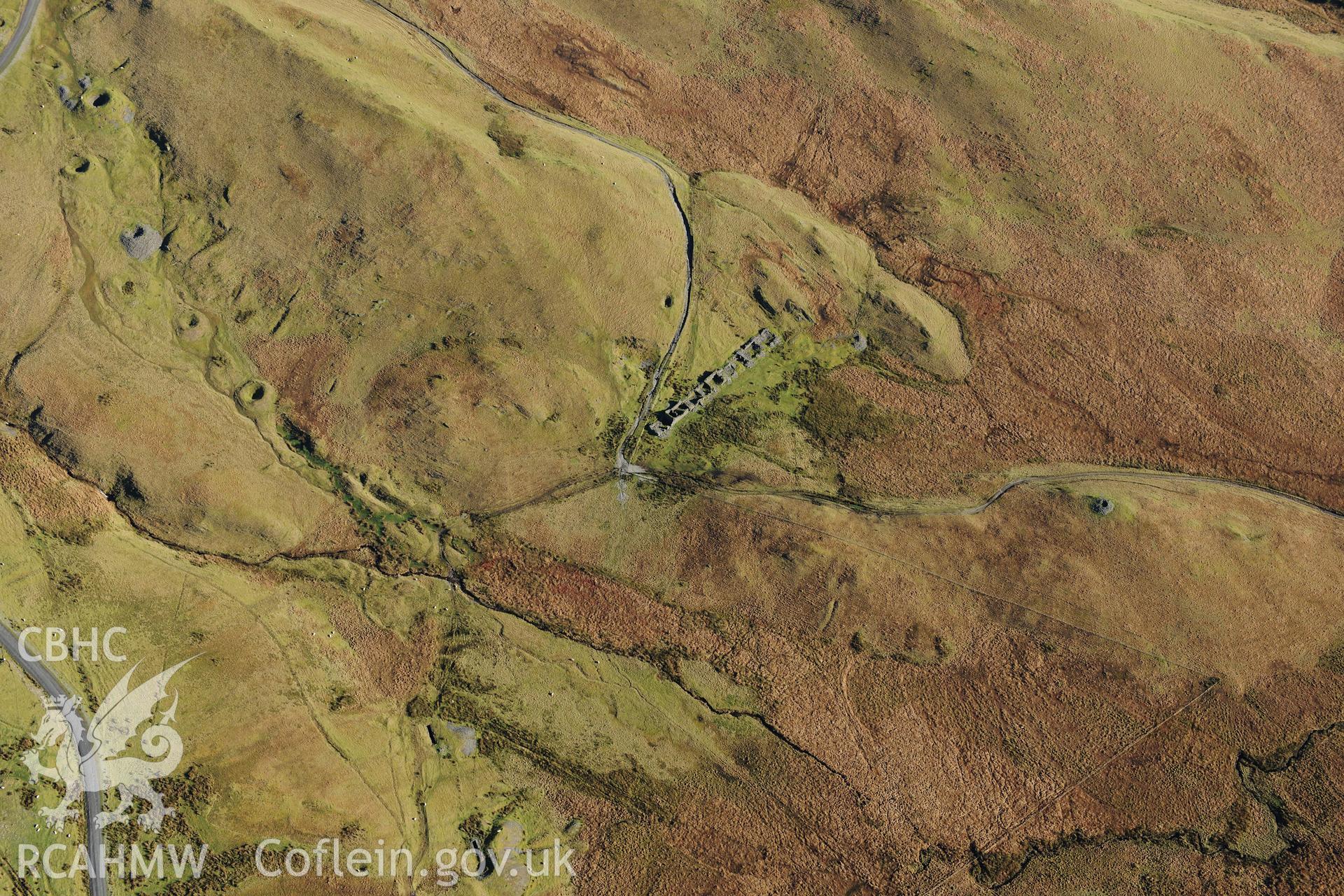 RCAHMW colour oblique photograph of Esgair Hir Lead Mine, barracks. Taken by Toby Driver on 05/11/2012.