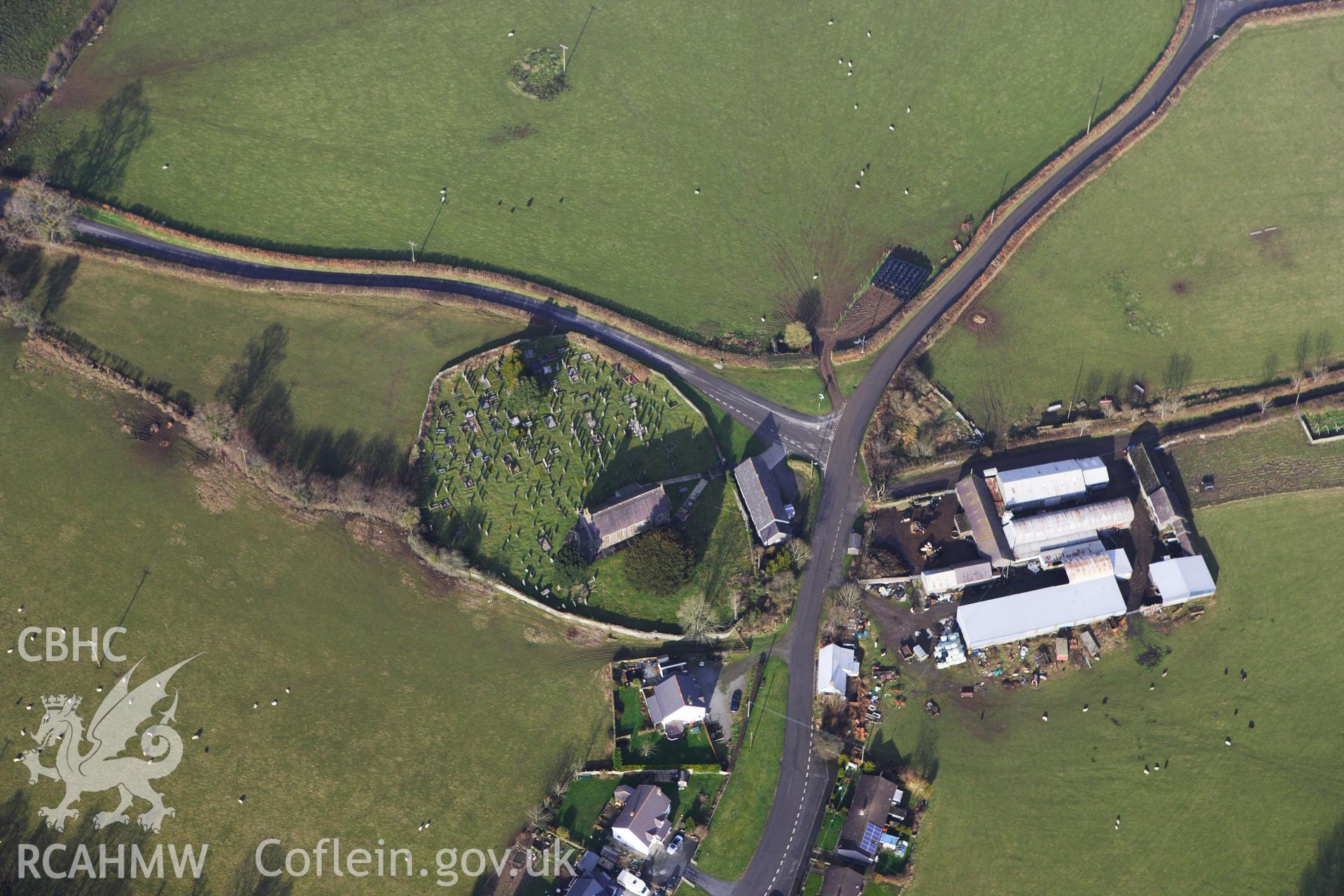 RCAHMW colour oblique photograph of St Mary's Church, Llanfair Clydogau. Taken by Toby Driver on 07/02/2012.