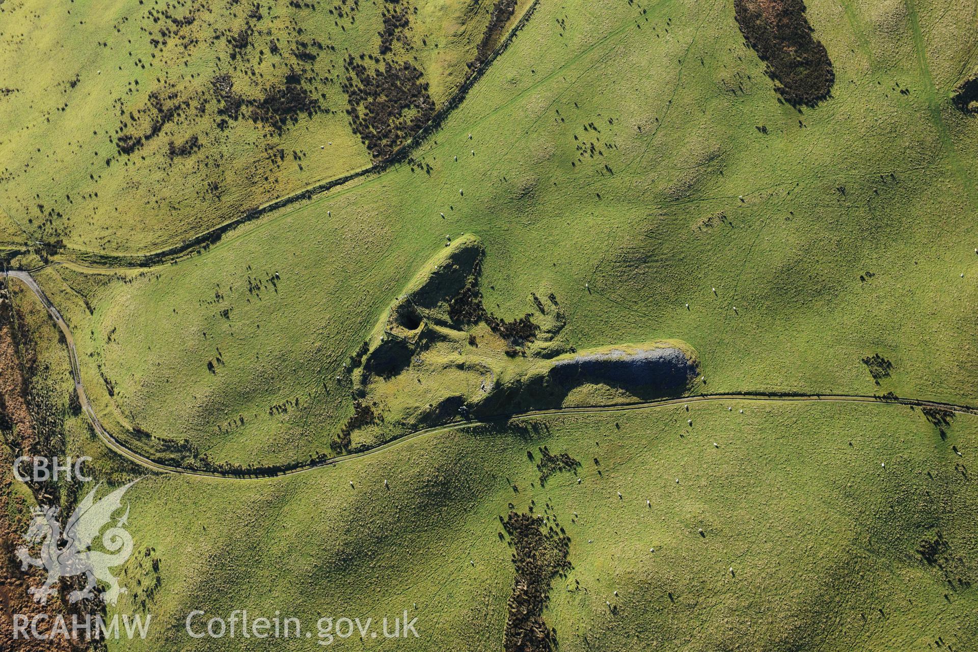 RCAHMW colour oblique photograph of Glogfach lead mine, spoil tip to east of mine. Taken by Toby Driver on 05/11/2012.