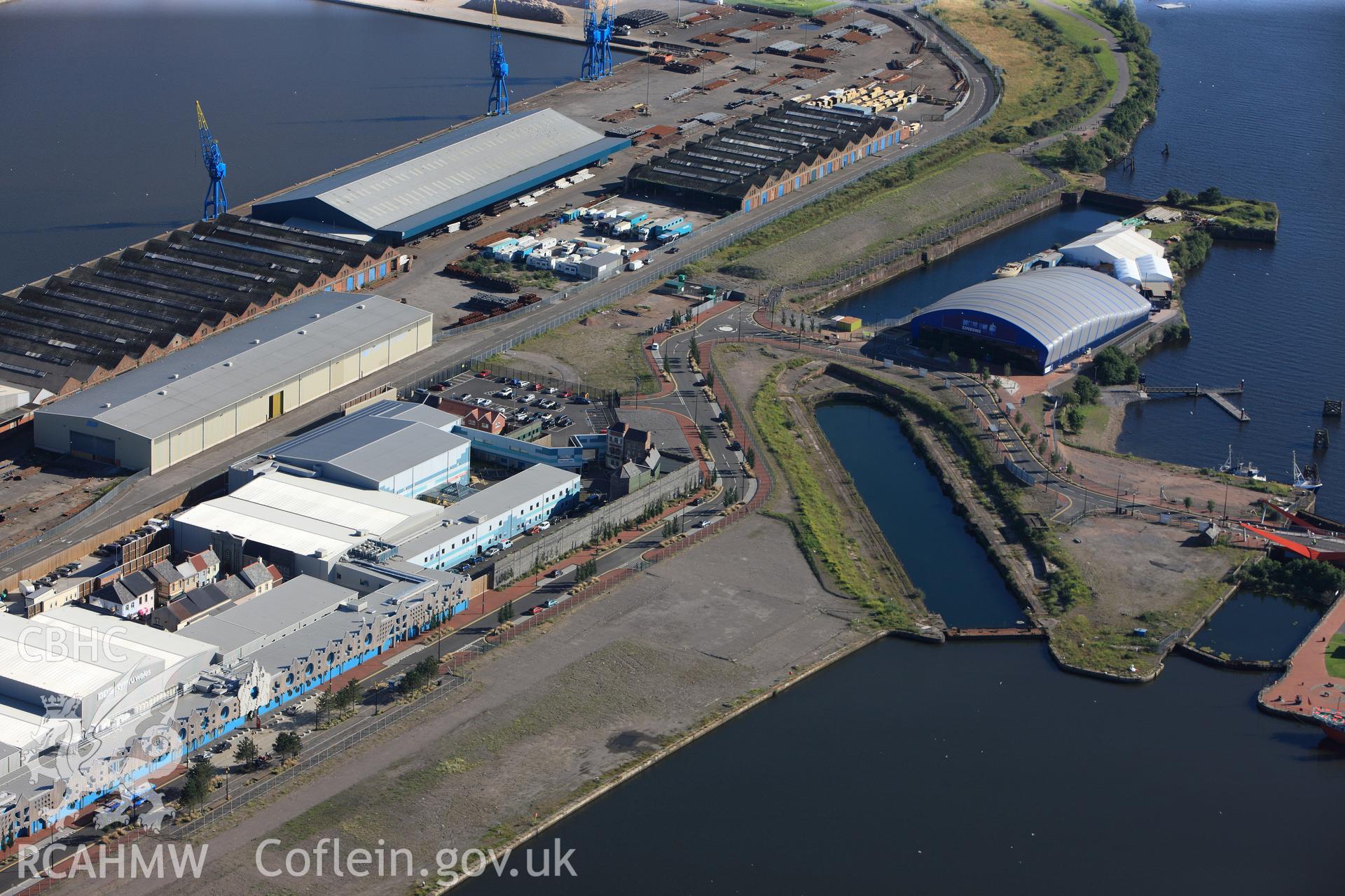 RCAHMW colour oblique photograph of BBC Roath Lock Studios, Cardiff Bay. Taken by Toby Driver on 24/07/2012.