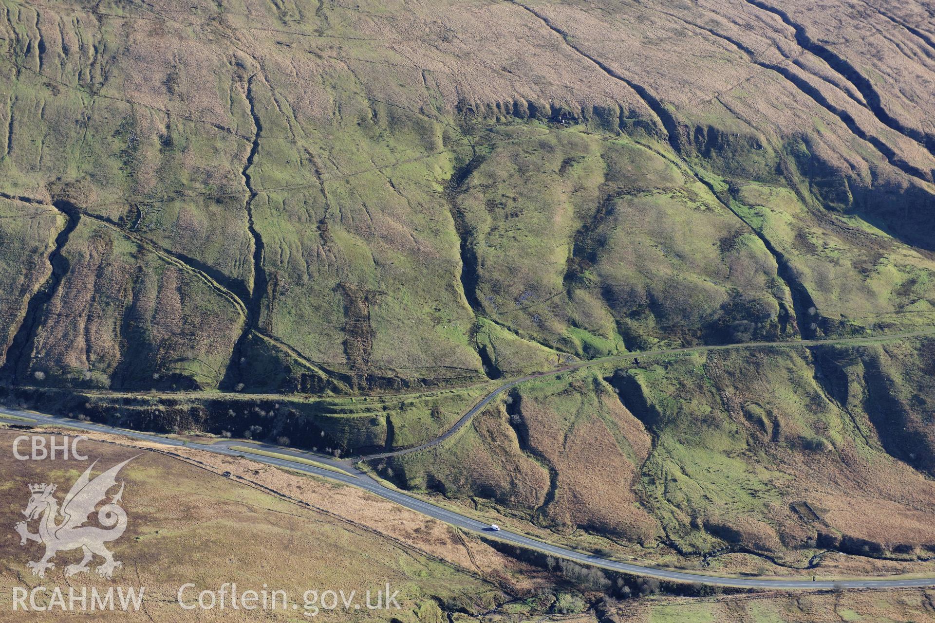 RCAHMW colour oblique photograph of Cwm Nant Lloi causeway, Brecon Forest Tramroad. Taken by Toby Driver on 28/11/2012.