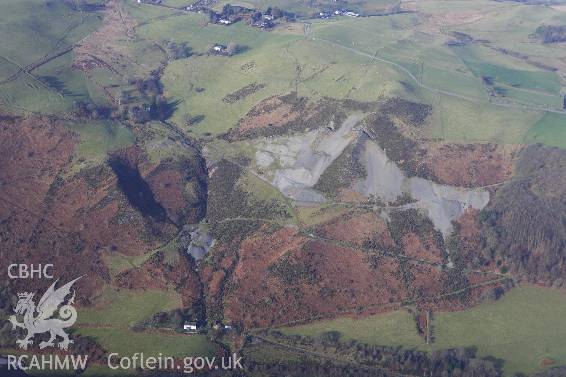 RCAHMW colour oblique photograph of Grogwynion Lead Mine, View from South over Ystwyth River. Taken by Toby Driver on 07/02/2012.