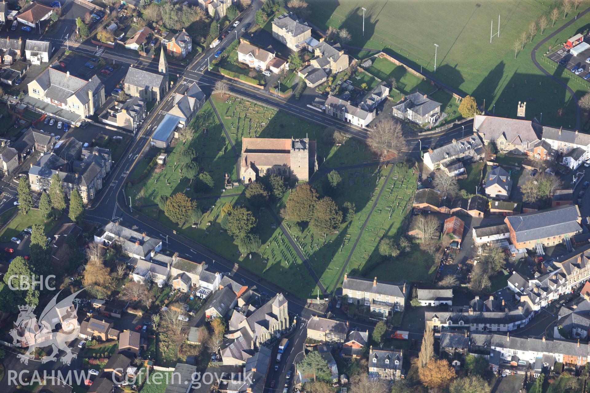 RCAHMW colour oblique photograph of St Mary's Parish Church, Builth Wells. Taken by Toby Driver on 23/11/2012.