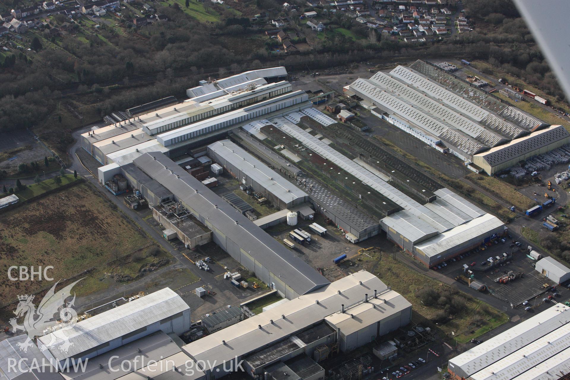 RCAHMW colour oblique photograph of ICI Metal Works (Alcoa Factory), Waunarlwydd, Gowerton. Taken by Toby Driver on 27/01/2012.