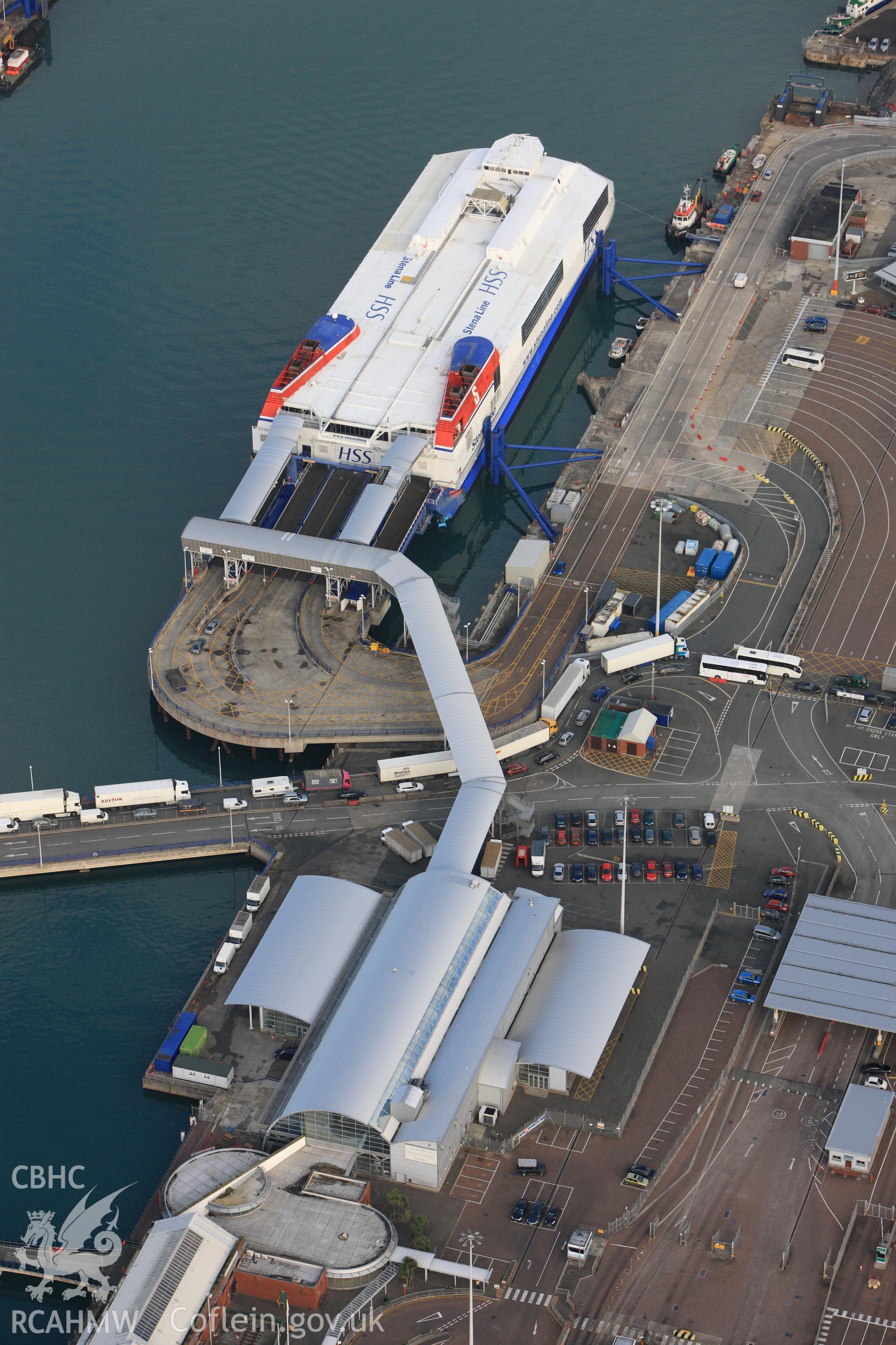 RCAHMW colour oblique photograph of Holyhead Harbour Ferry Terminal. Taken by Toby Driver on 13/01/2012.