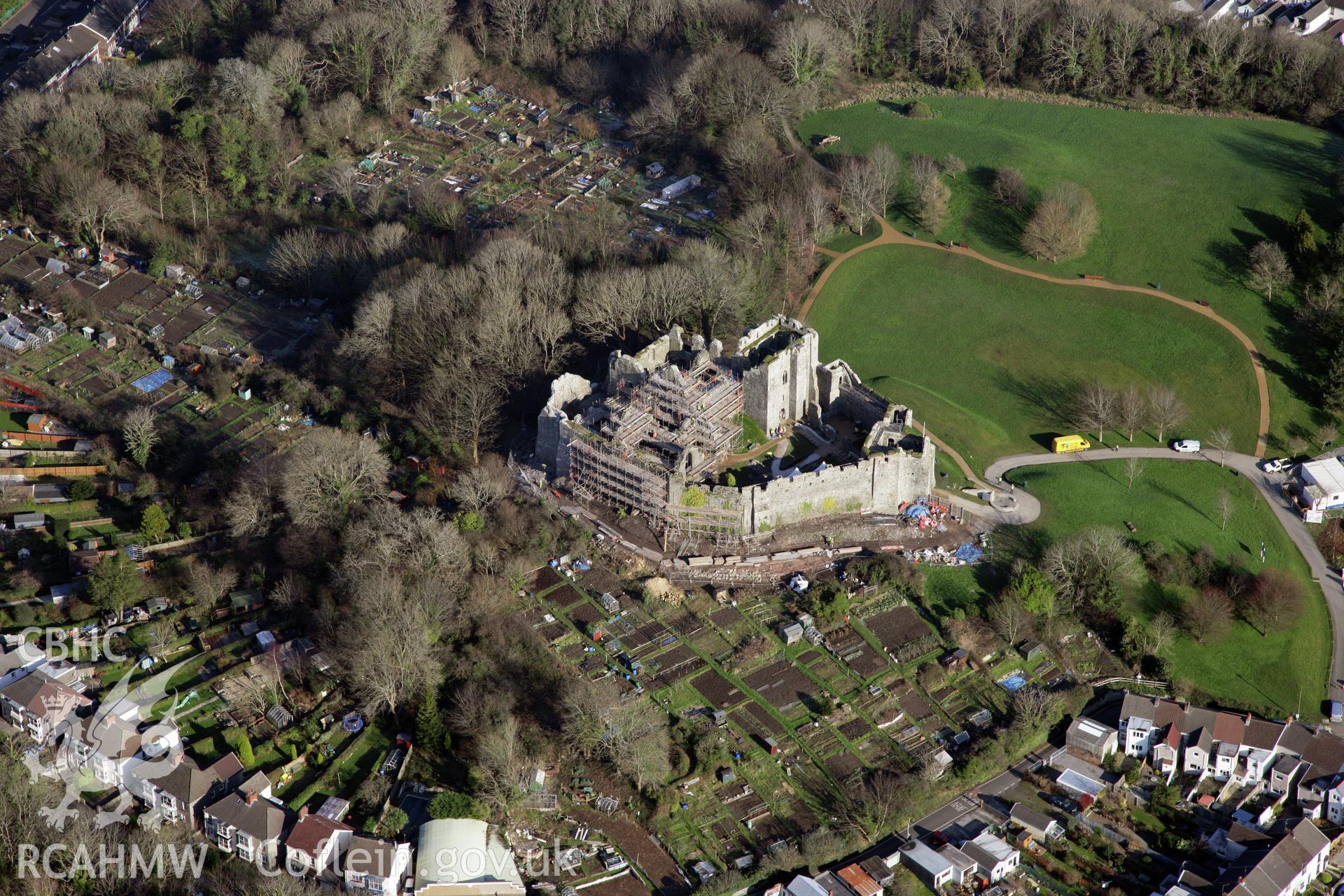 RCAHMW colour oblique photograph of Oystermouth Castle, during renovation work. Taken by Toby Driver on 02/02/2012.