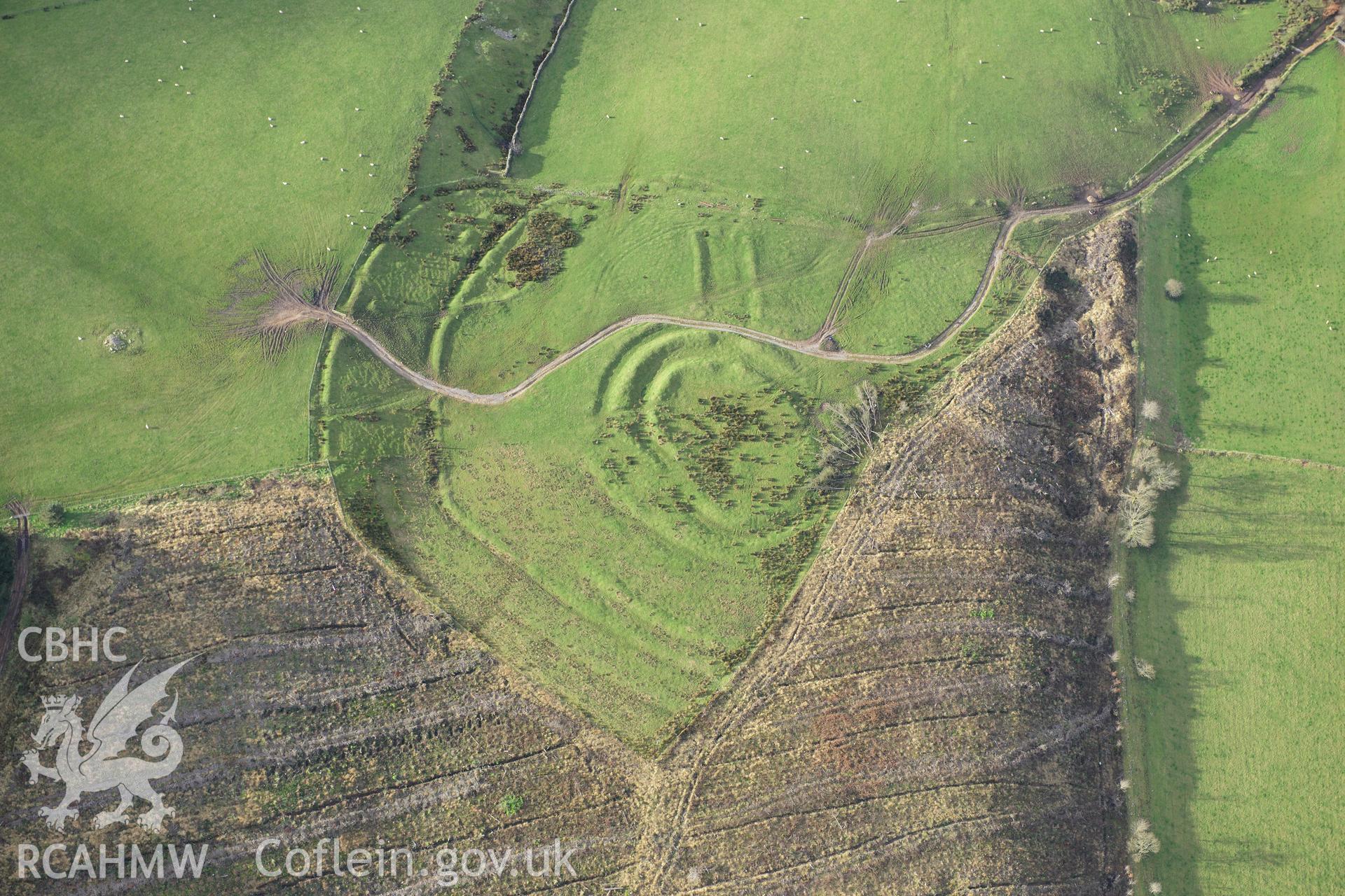 RCAHMW colour oblique photograph of Gaer Fawr, with clearance of forestry block. Taken by Toby Driver on 28/11/2012.