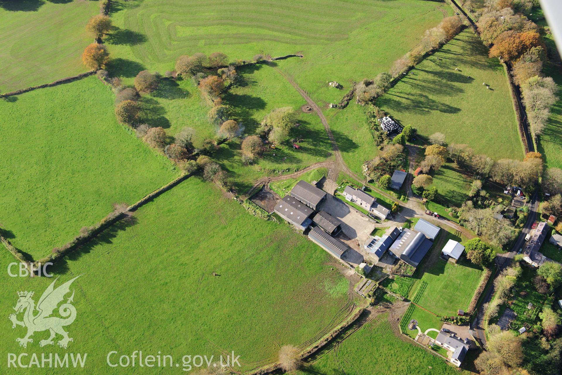 RCAHMW colour oblique photograph of  Prisg Farm. Taken by Toby Driver on 26/10/2012.