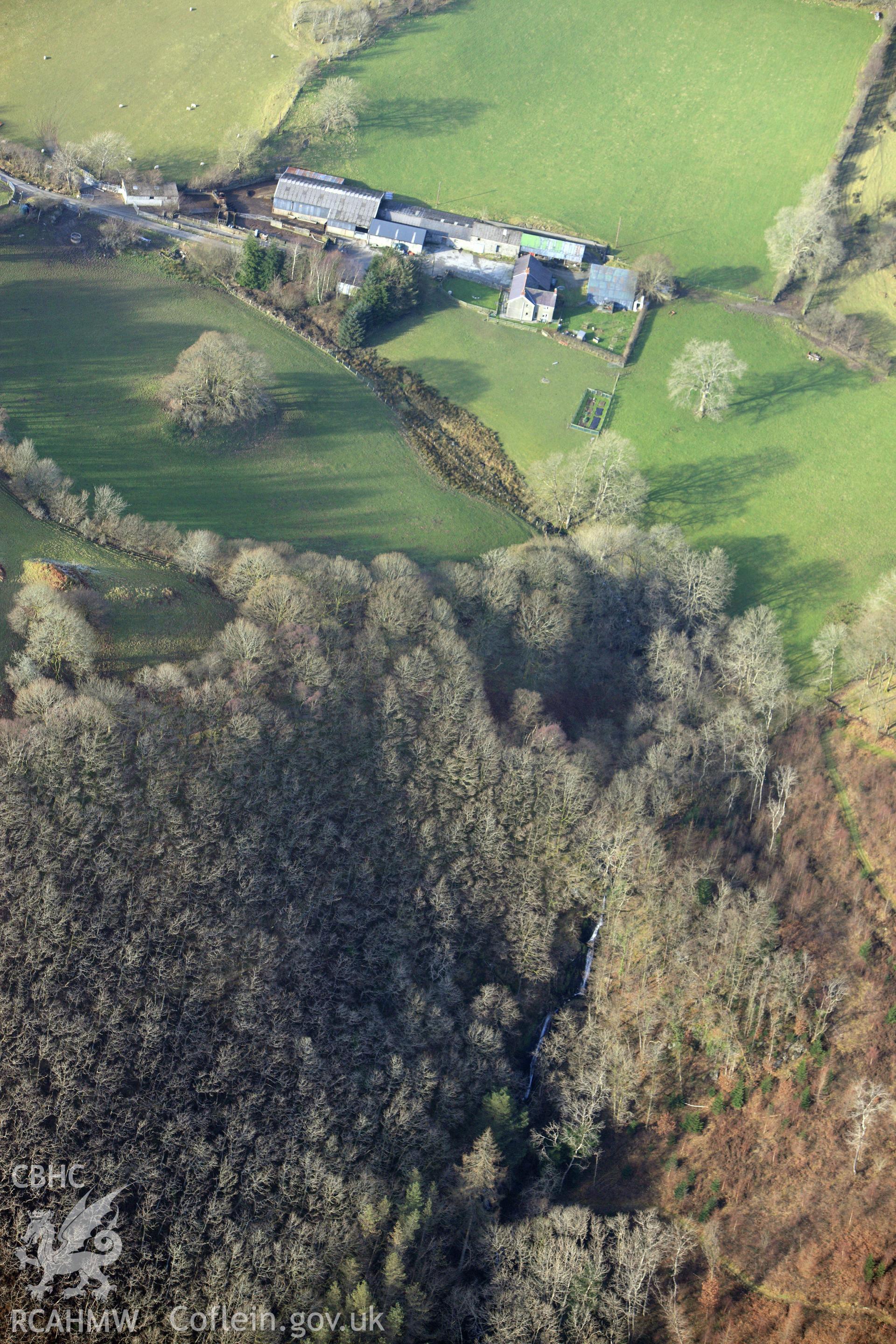 RCAHMW colour oblique photograph of Castell  Grogwynion, waterfall to east of. Taken by Toby Driver on 07/02/2012.